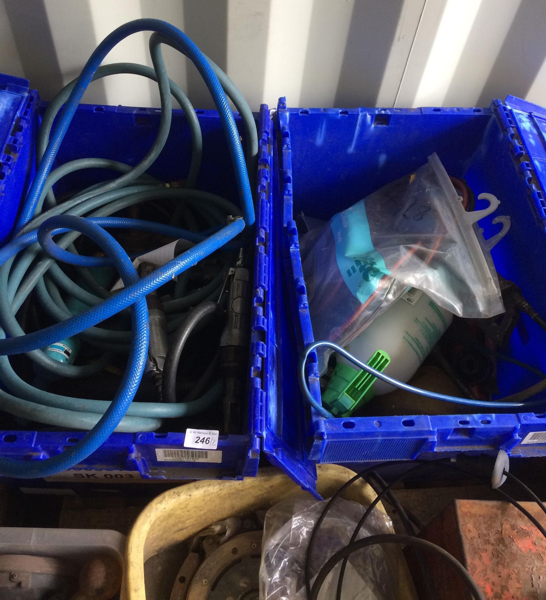 Contents to two blue crates - pneumatic tools, hoses, sprayer etc.