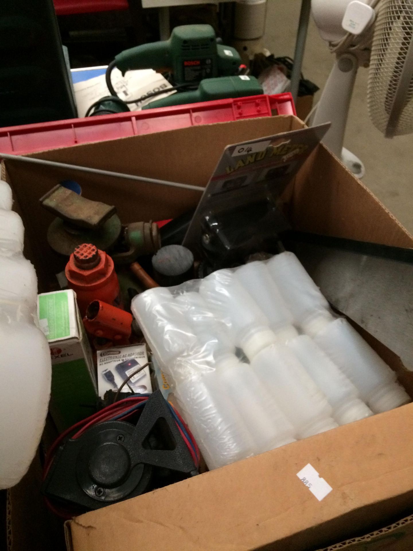 Contents to two boxes - saws, bottle jacks, adaptors, a Bricky plastic level, lights, - Image 2 of 2