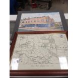 A facsimile map of Becca Park, Aberford 1890-91 in frame, 29cm x 40cm and an unframed watercolour,