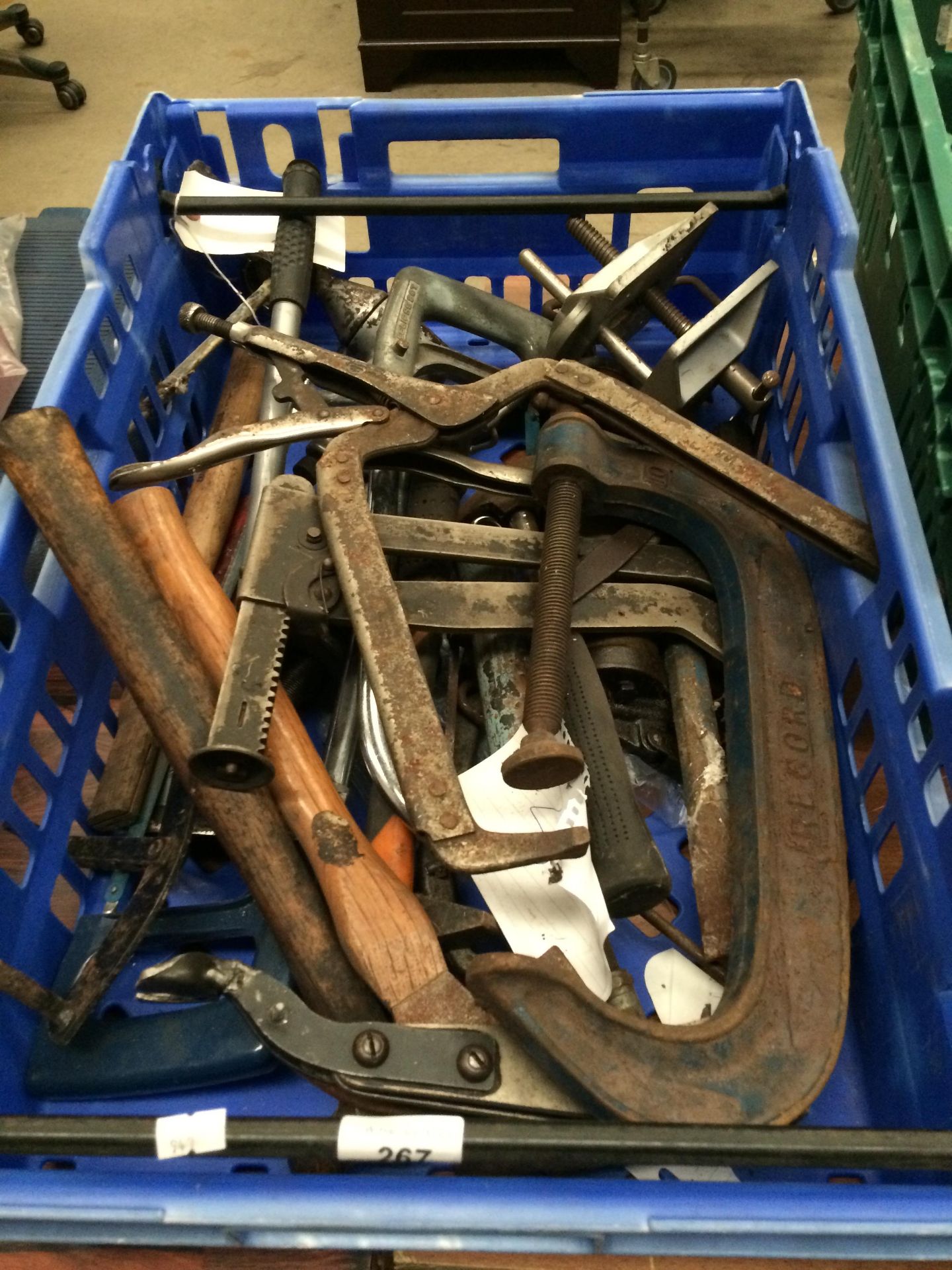 Contents to crate - 'G' and other clamps, vice, hammer, saw,