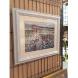 A framed oil effect print, Shimmering Daisies,