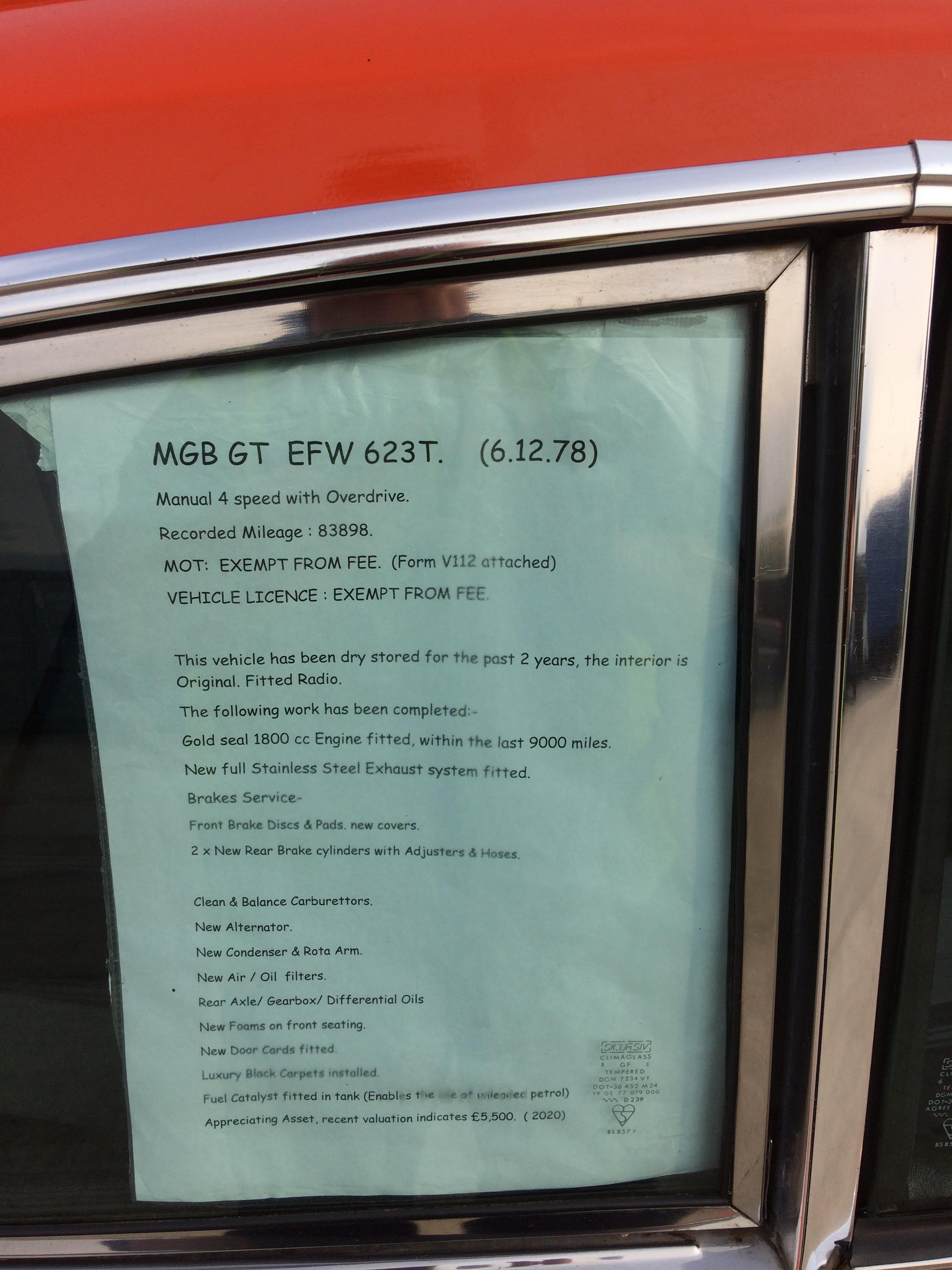 MGB GT 1.8 SPORTS HARD TOP - petrol - red Reg No EFW 623T Rec Mil 83,898 Date of last MOT: 21.2. - Image 22 of 25