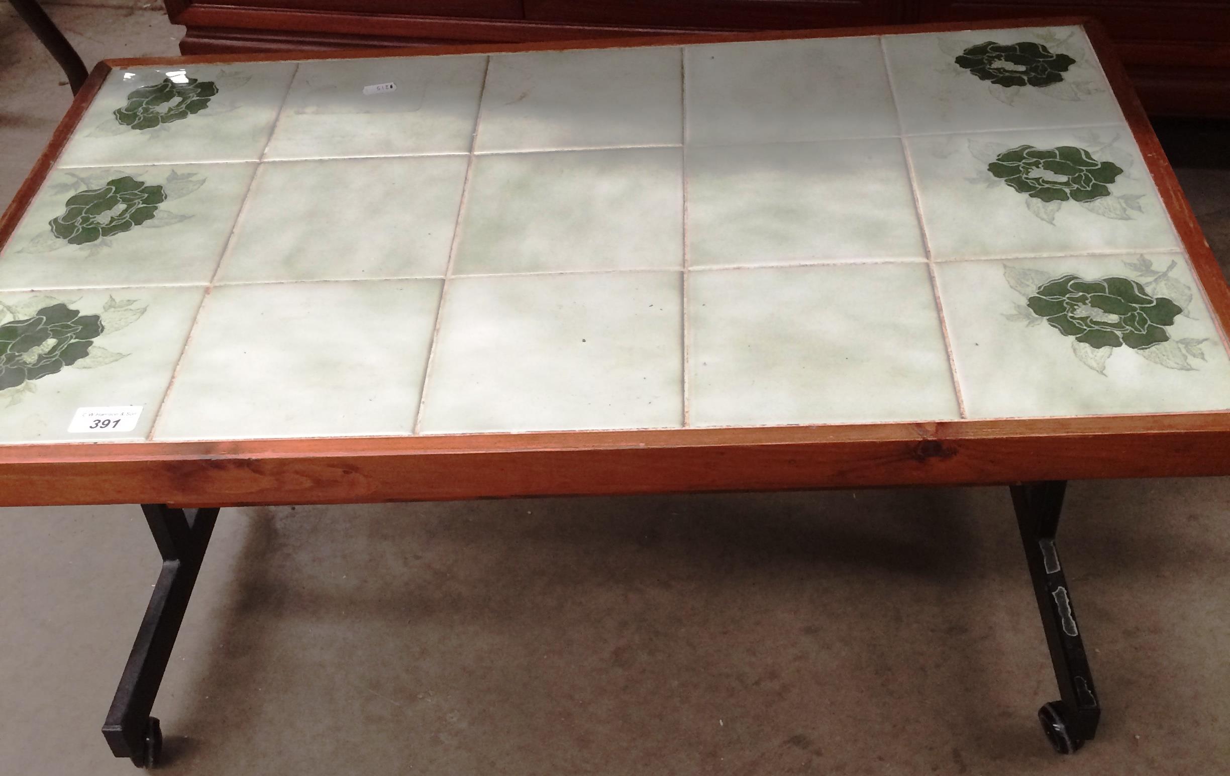 A tile top mobile coffee table