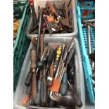 Contents to two plastic crates - large quantity assorted hand tools - screw drivers,