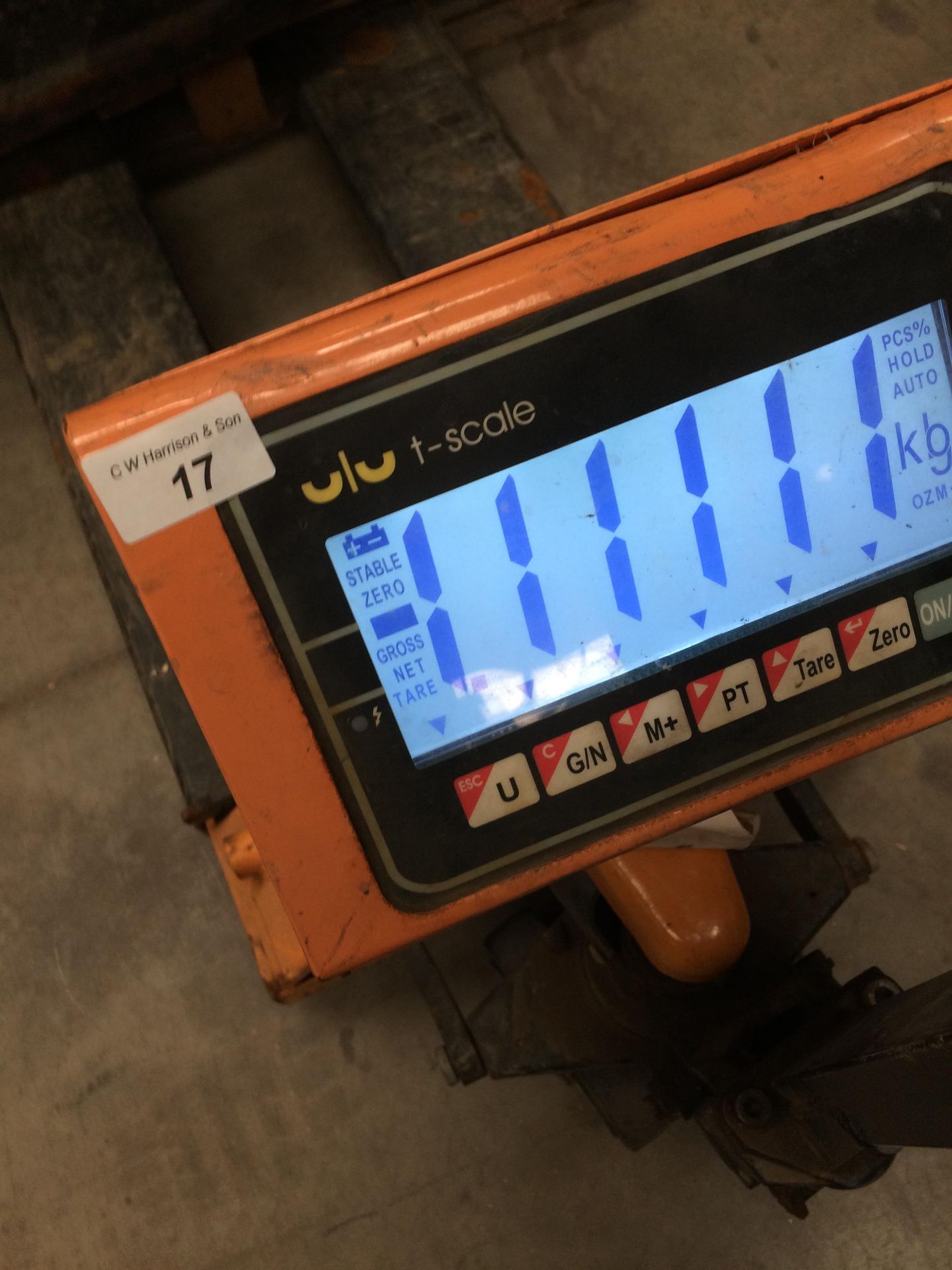 An orange and black metal pallet truck fitted with a U/UT - scales model TPS-11 with digital - Image 2 of 2