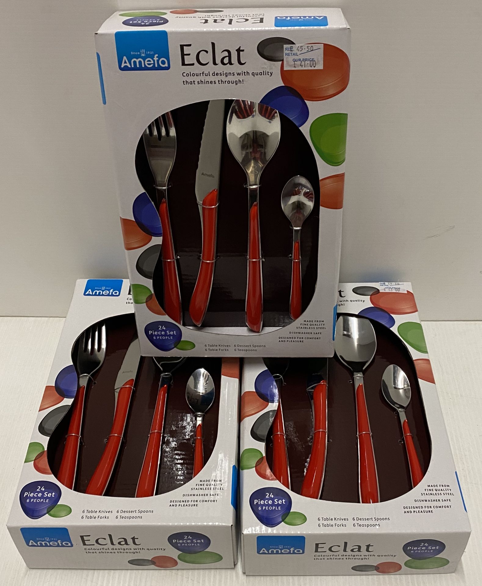 3 x Amefa Eclat Red 24 piece cutlery set