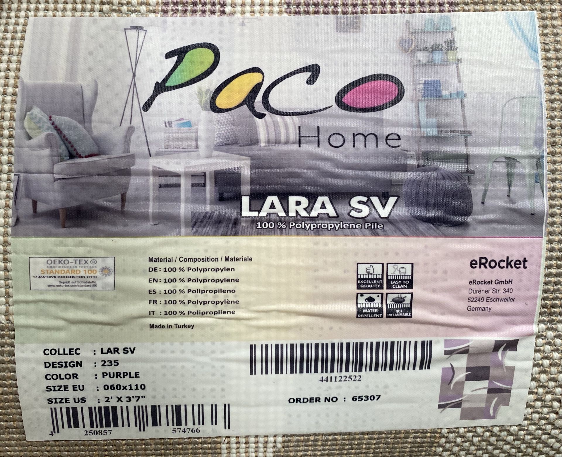 A Paco Home Lara SV 235 purple rug - 60cm x 110cm and a cream/multicoloured diamond patterned rug - - Bild 3 aus 3