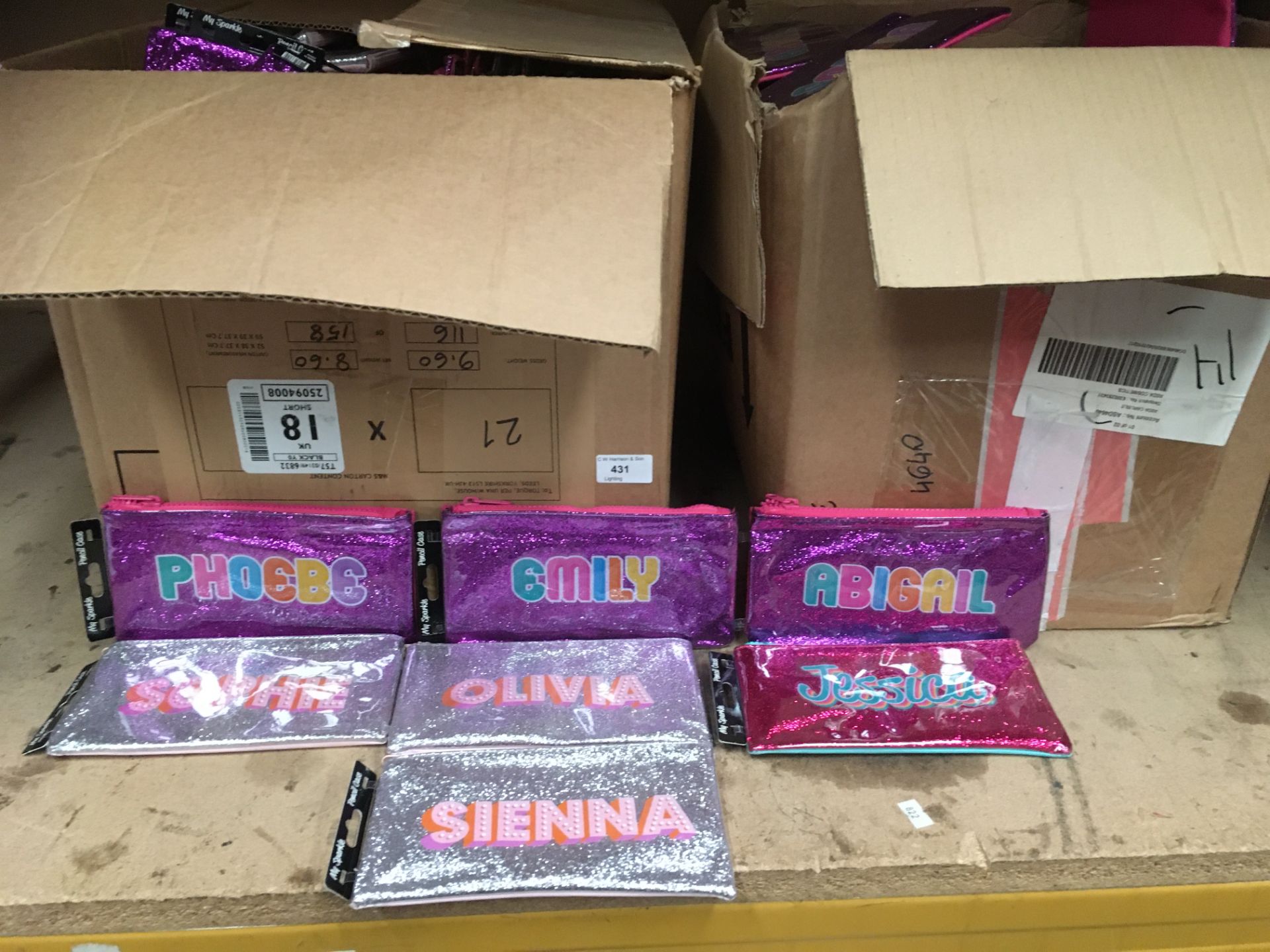 Large quantity of pencil cases with assorted girls names in assorted colours (2 x large boxes)