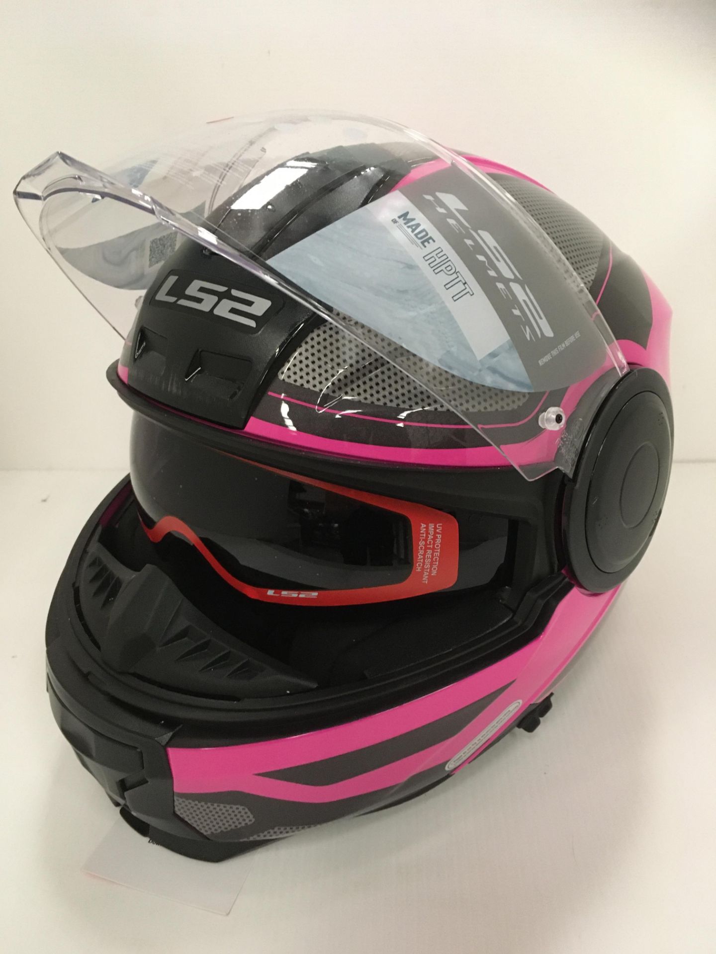 LS2 Scope motorbike helmet with flip up chin guard in pink/black/silver - size XXL (63-64cm) - Image 2 of 5