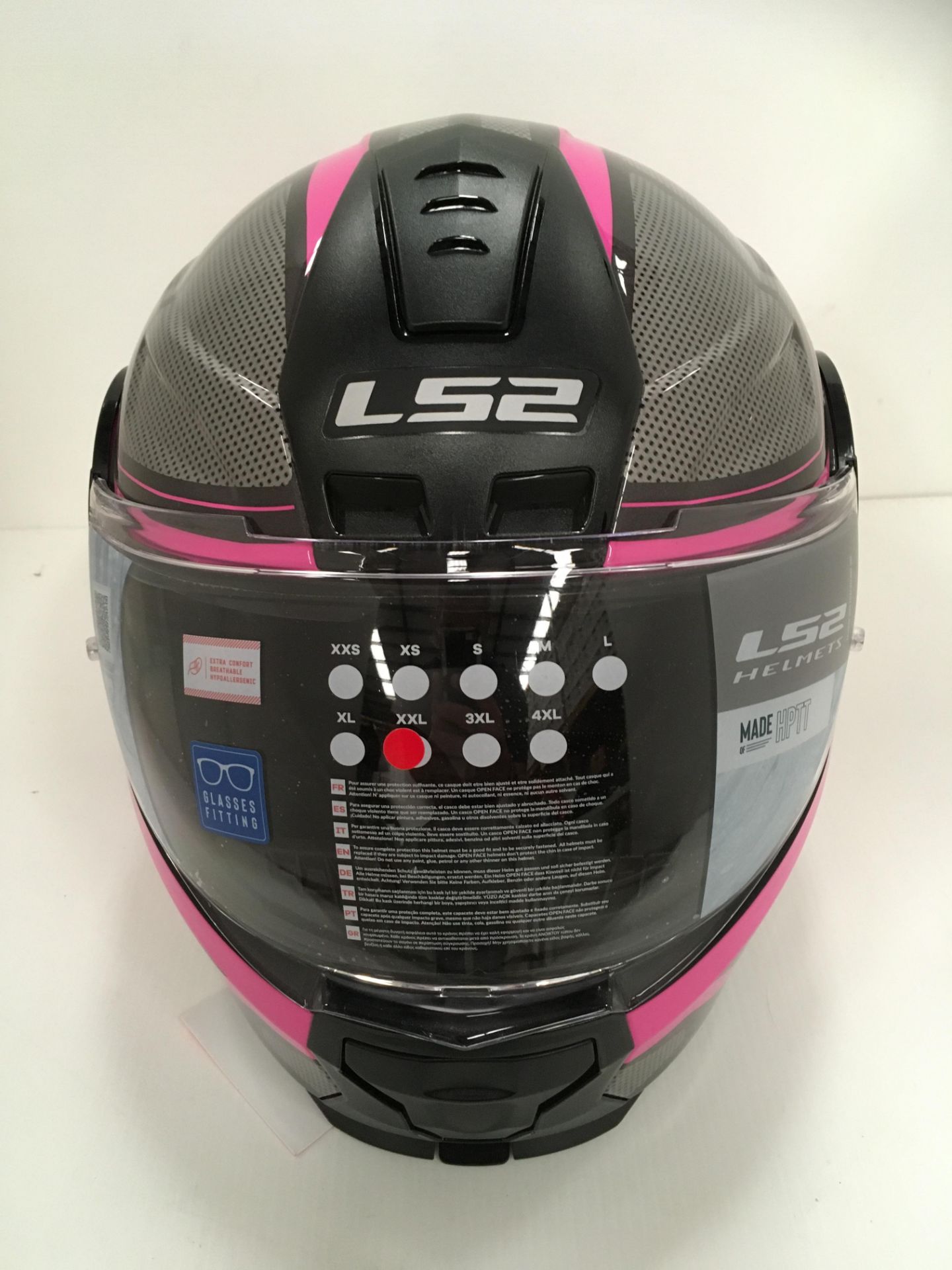 LS2 Scope motorbike helmet with flip up chin guard in pink/black/silver - size XXL (63-64cm)