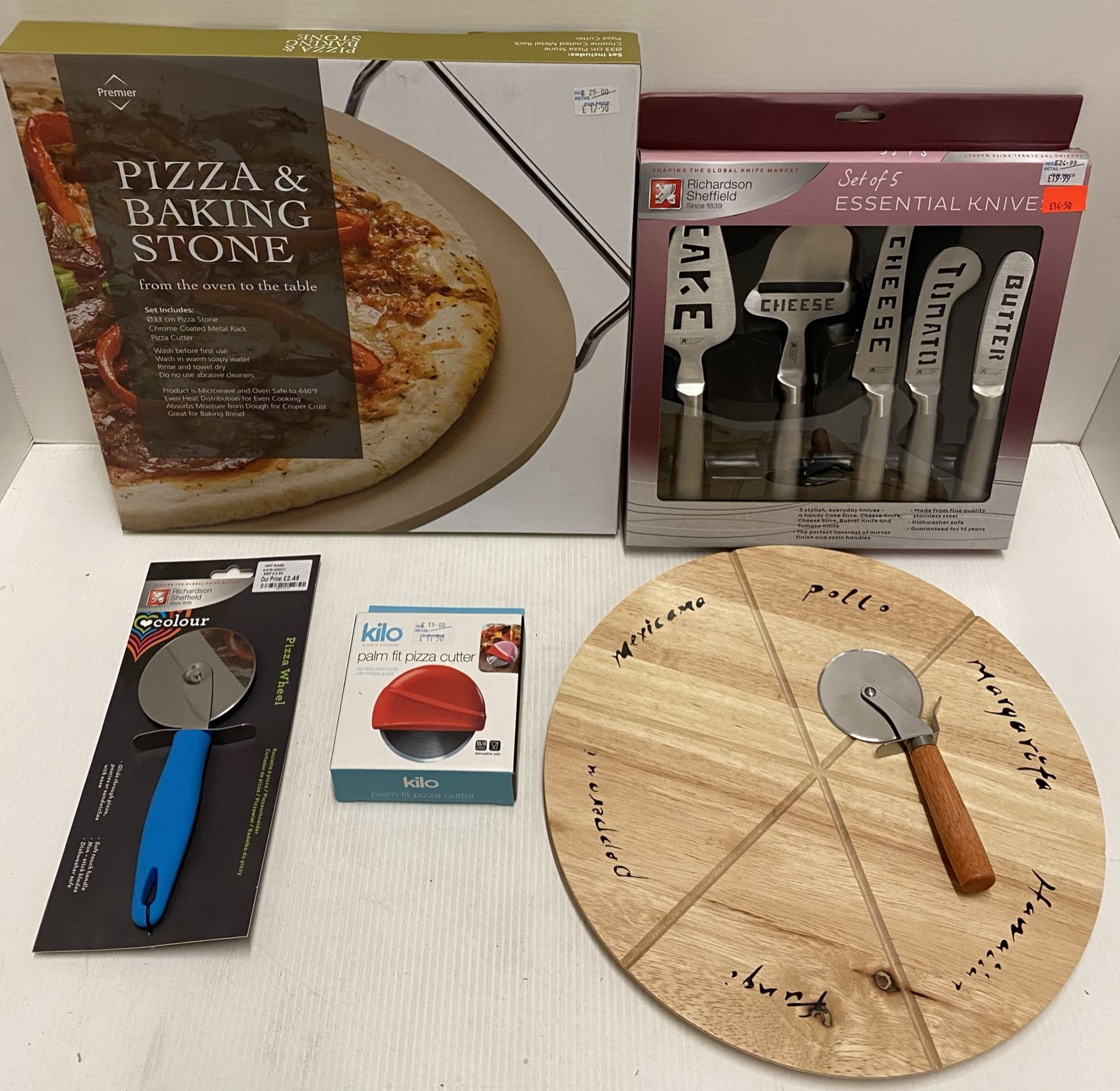 5 x assorted items - Premier pizza and baking stone, pizza cutters, essential knives etc - RRP £2.