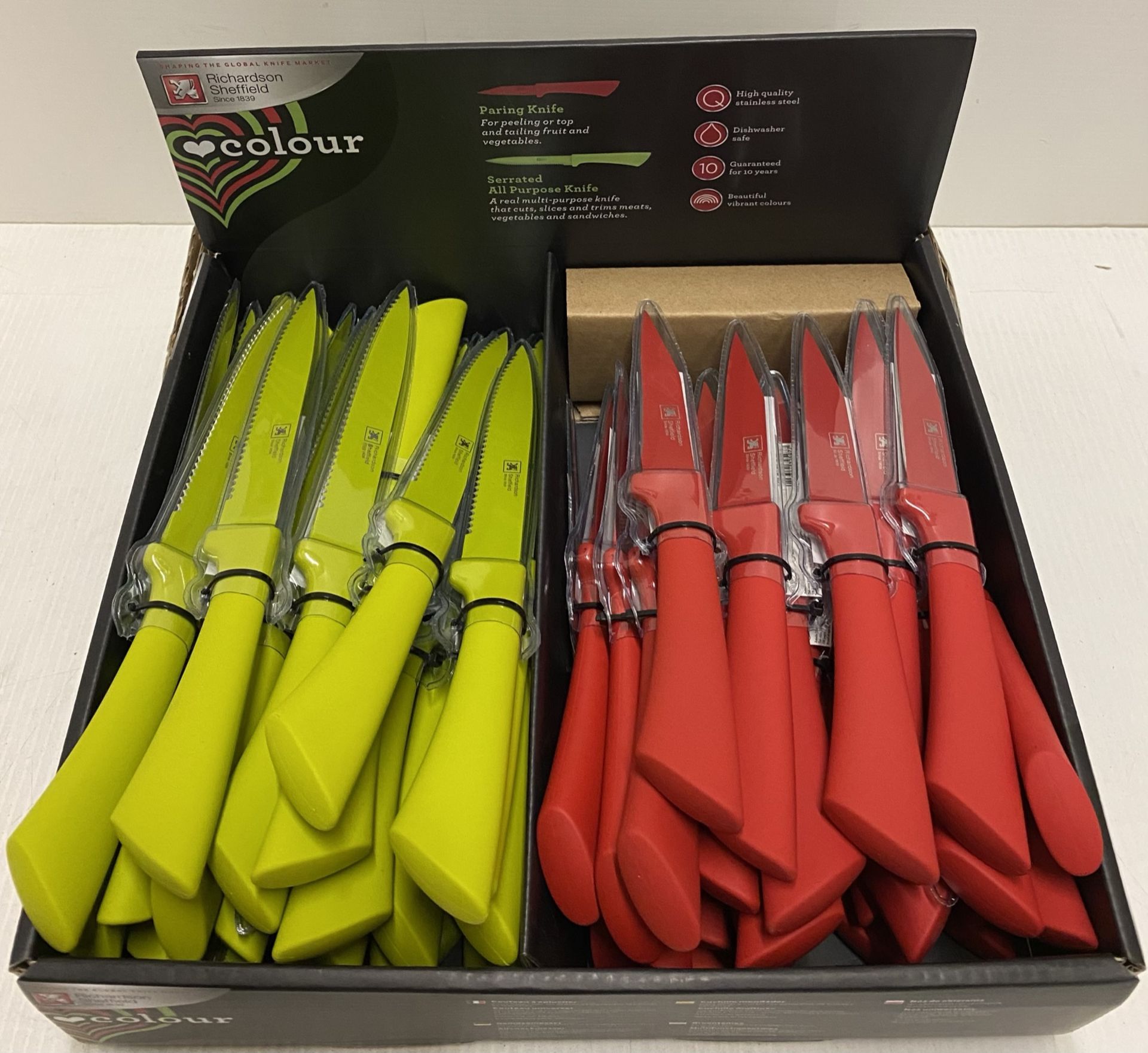 34 x assorted Richardson Sheffield Colour serrated or purpose and paring knives - RRP £8.