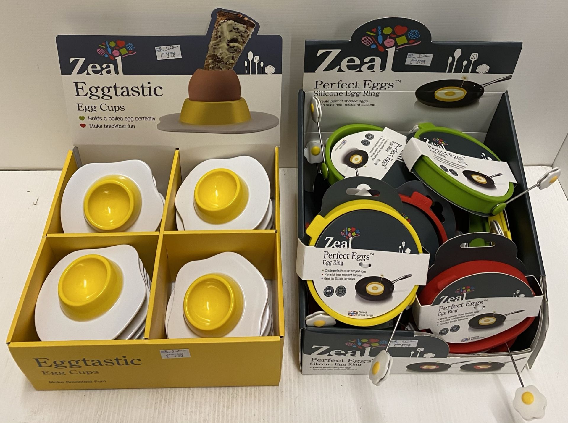 38 x assorted Zeal Eggtastic egg cups and Perfect Eggs silicone egg rings - RRP £4.75-£8.