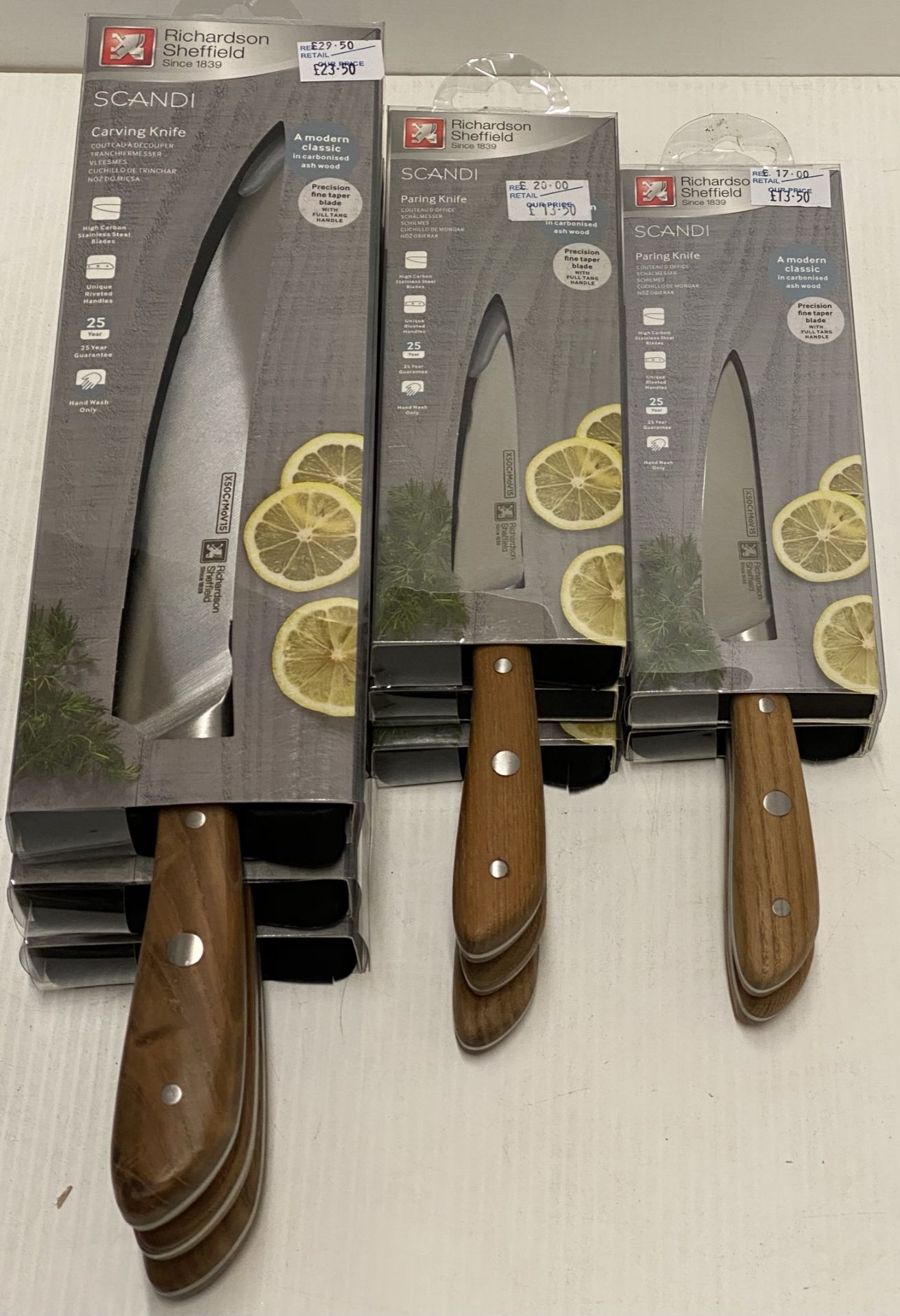 8 x Richardson Sheffield Scandi X50CrMoV15 carving and paring knives - RRP £17-£29.