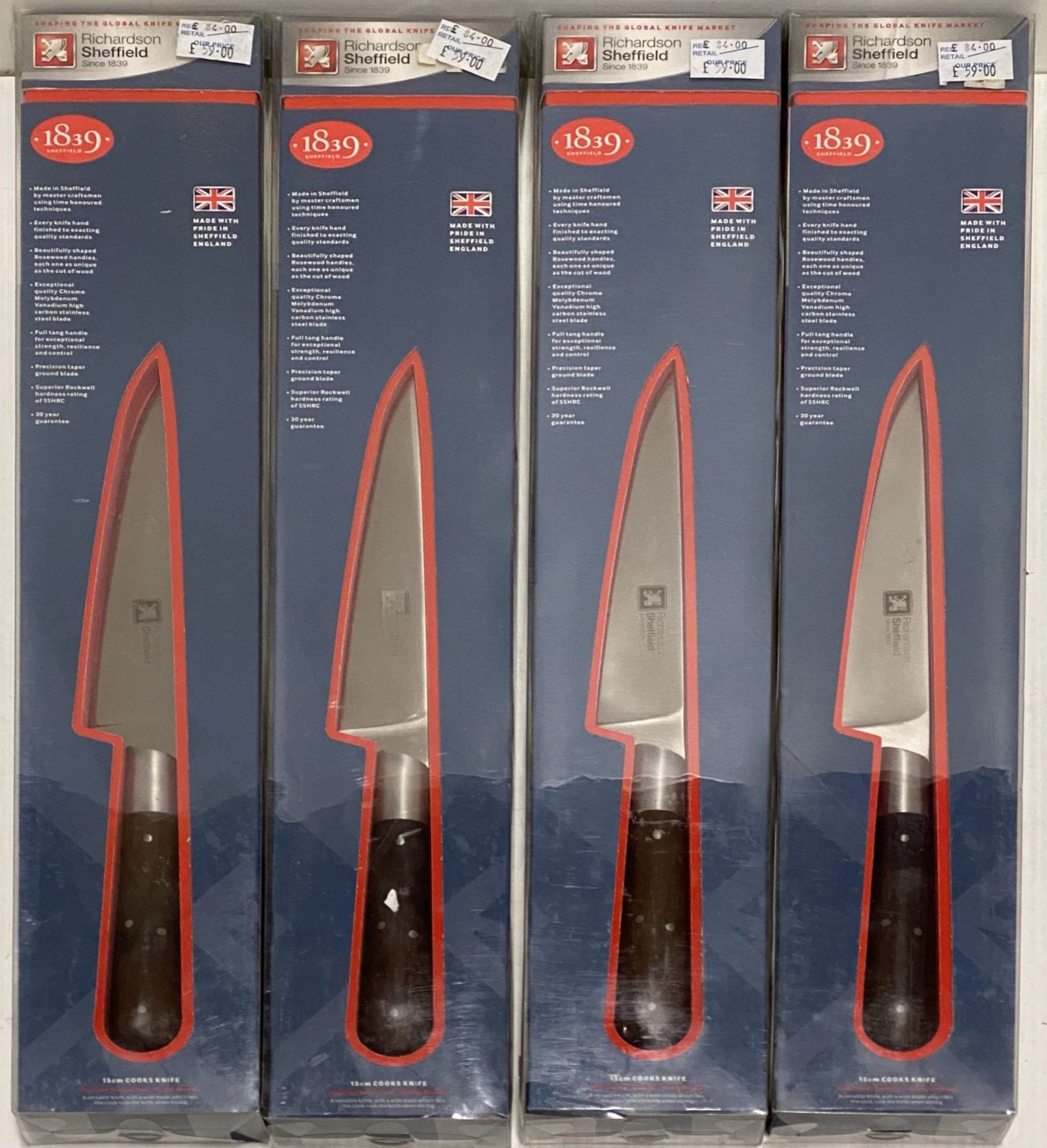 4 x Richardson Sheffield 1839 15cm Cook's knives - RRP £84.