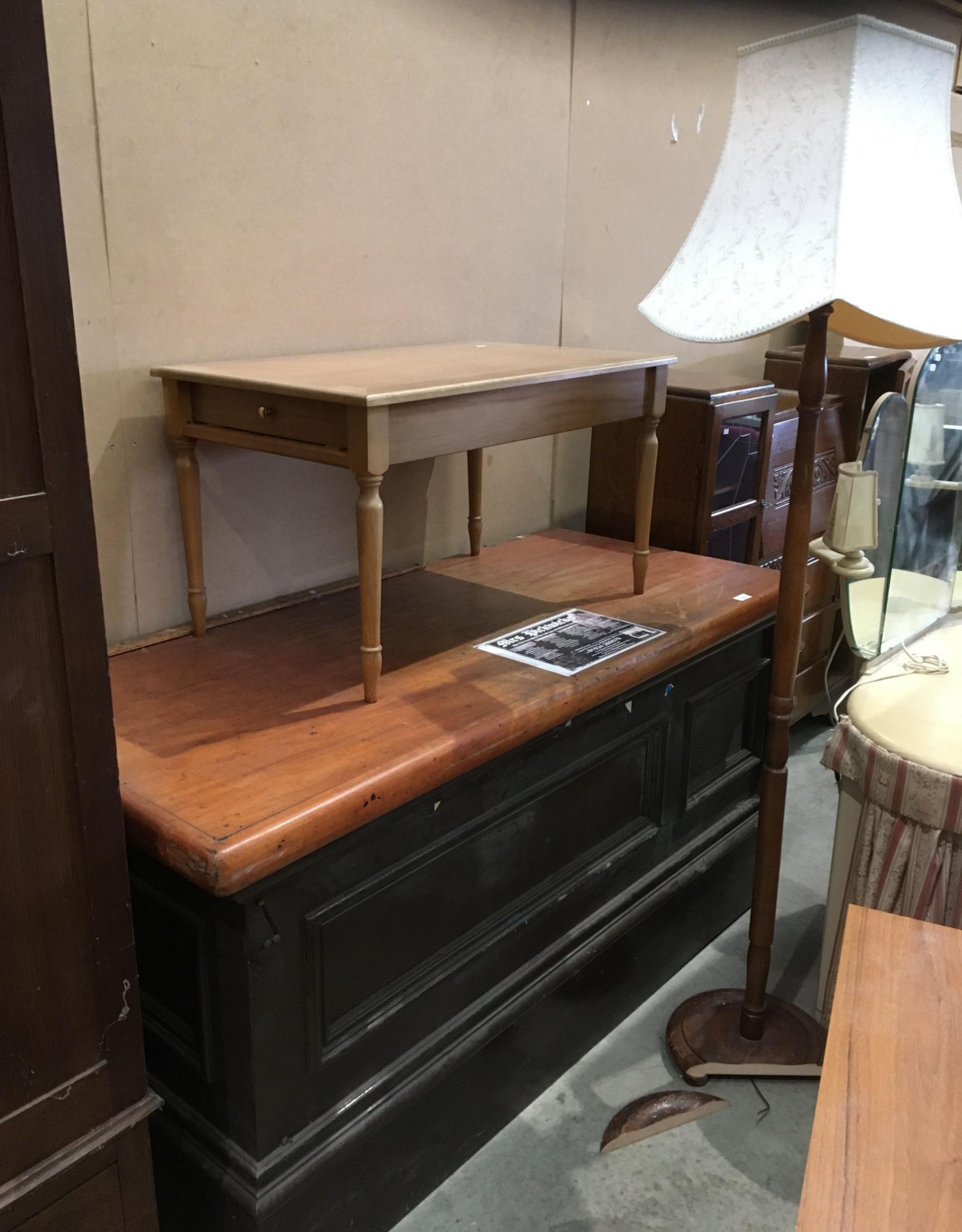 A painted pine counter with single drawer, with replacement top,