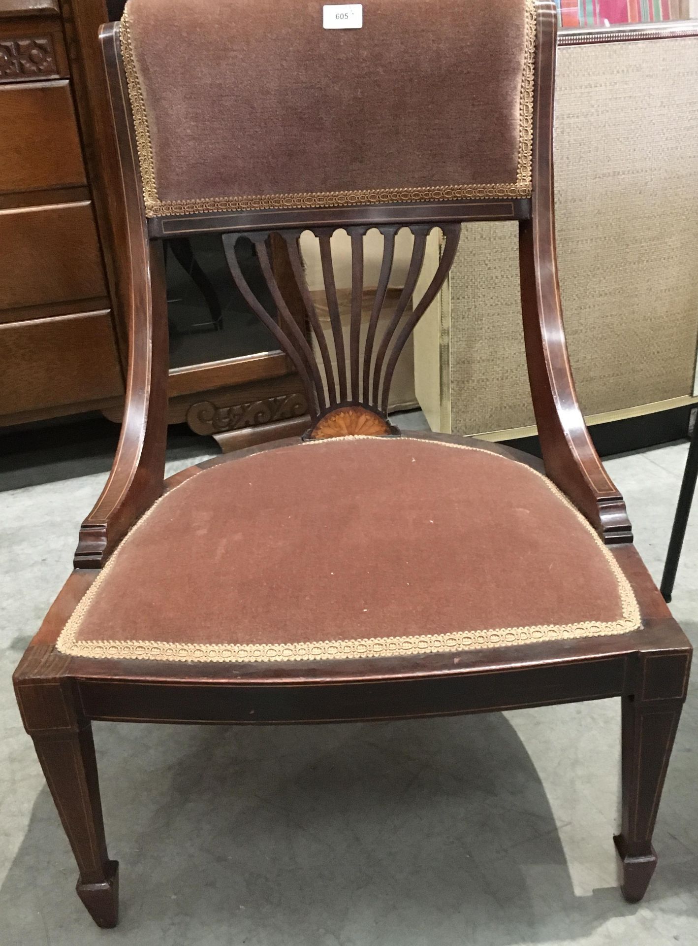 An Edwardian line inlay and shell patterned low chair with brown upholstery and a modern plywood - Image 2 of 3