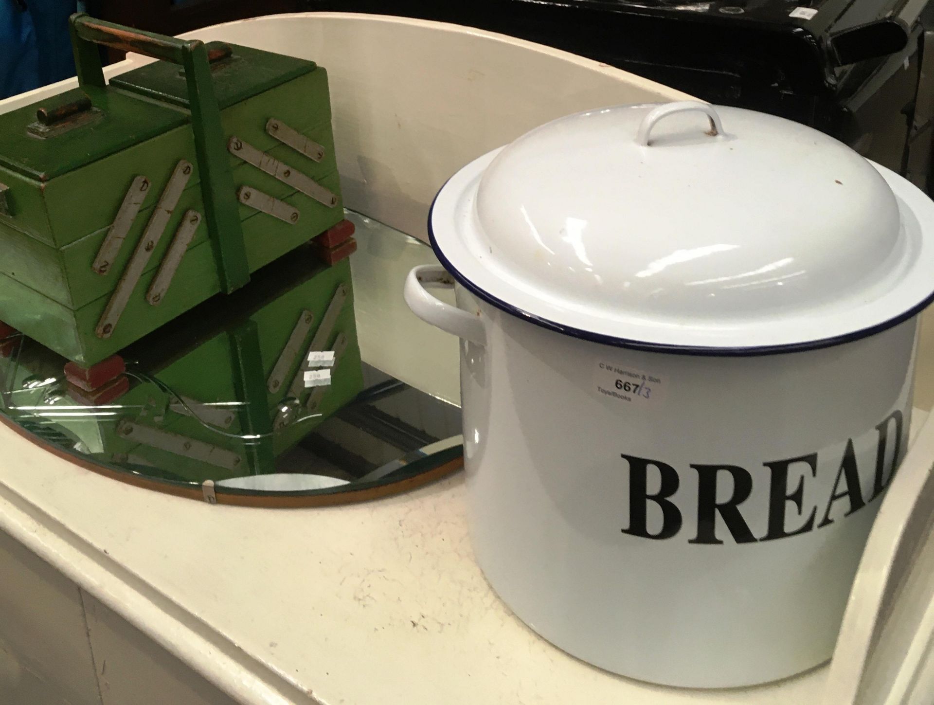 3 x items - enamel bread bin,