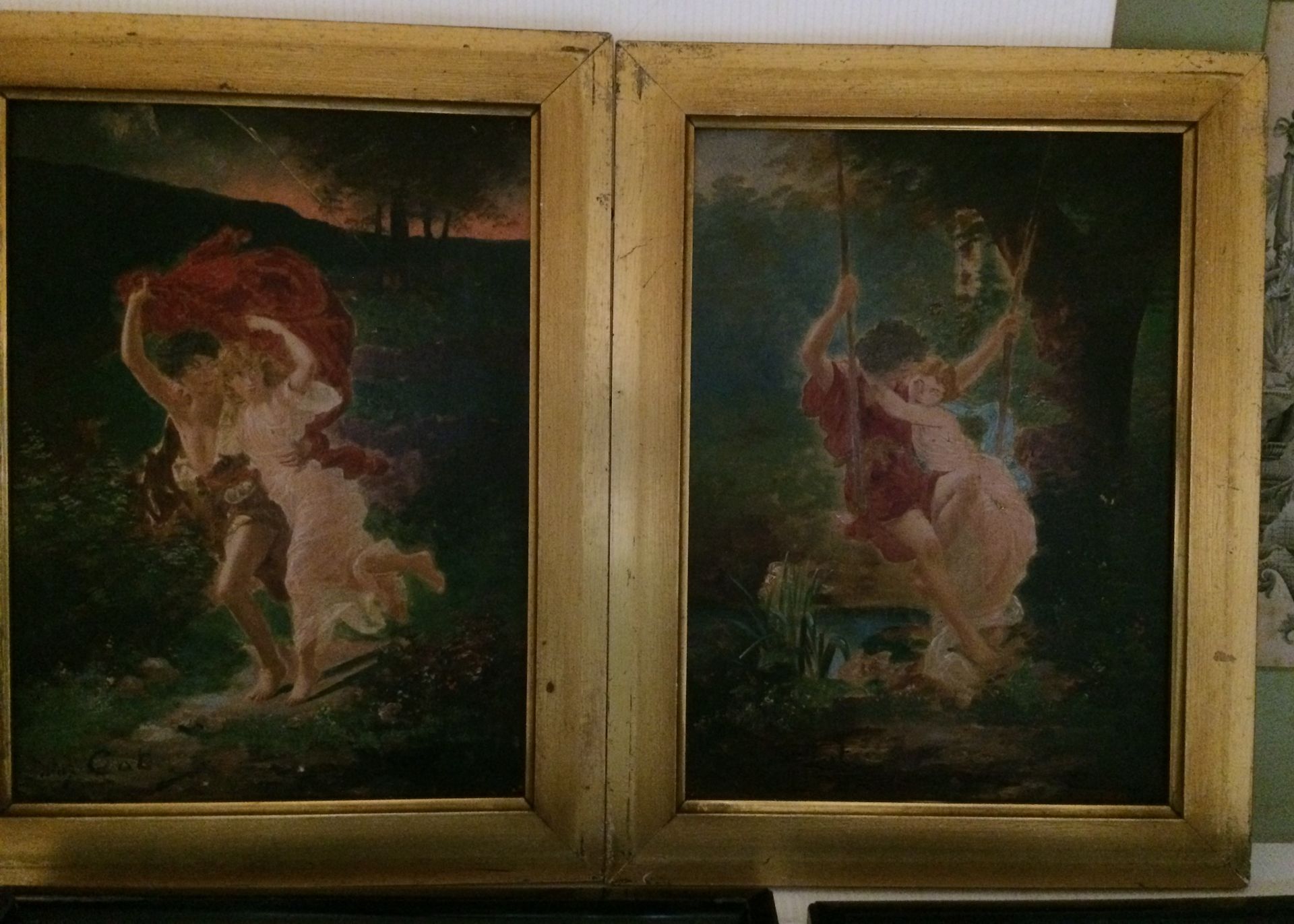 Two gilt framed oil of young lovers with indistinct signatures - a note to verso on one explains it - Image 2 of 5