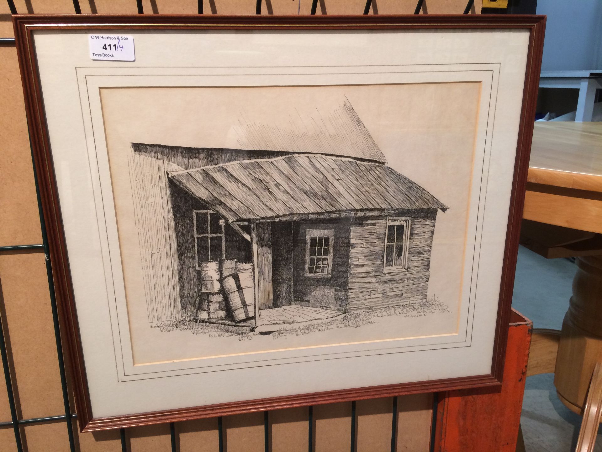 Suzy Yaghzian '87' framed pen sketch of a barn side, - Image 3 of 5