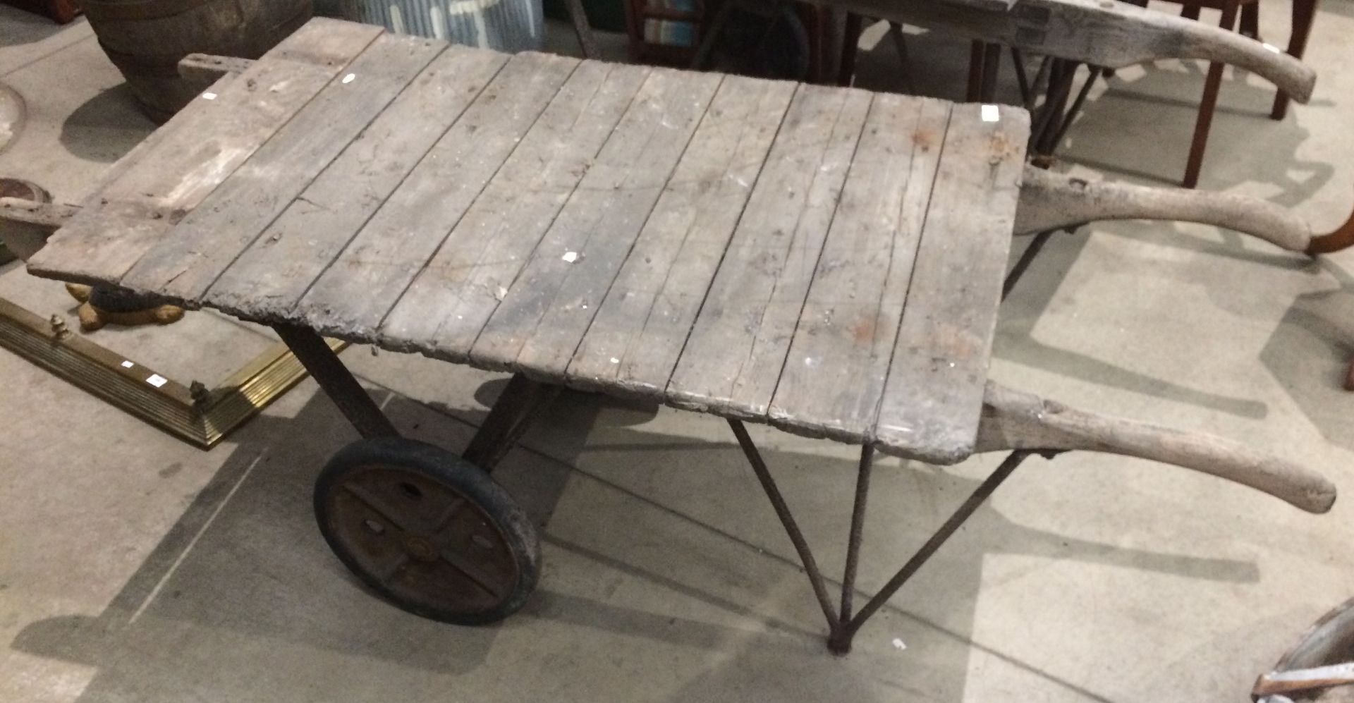 A metal framed and wood market traders barrow 120 x 75cm - evidence of wood worm