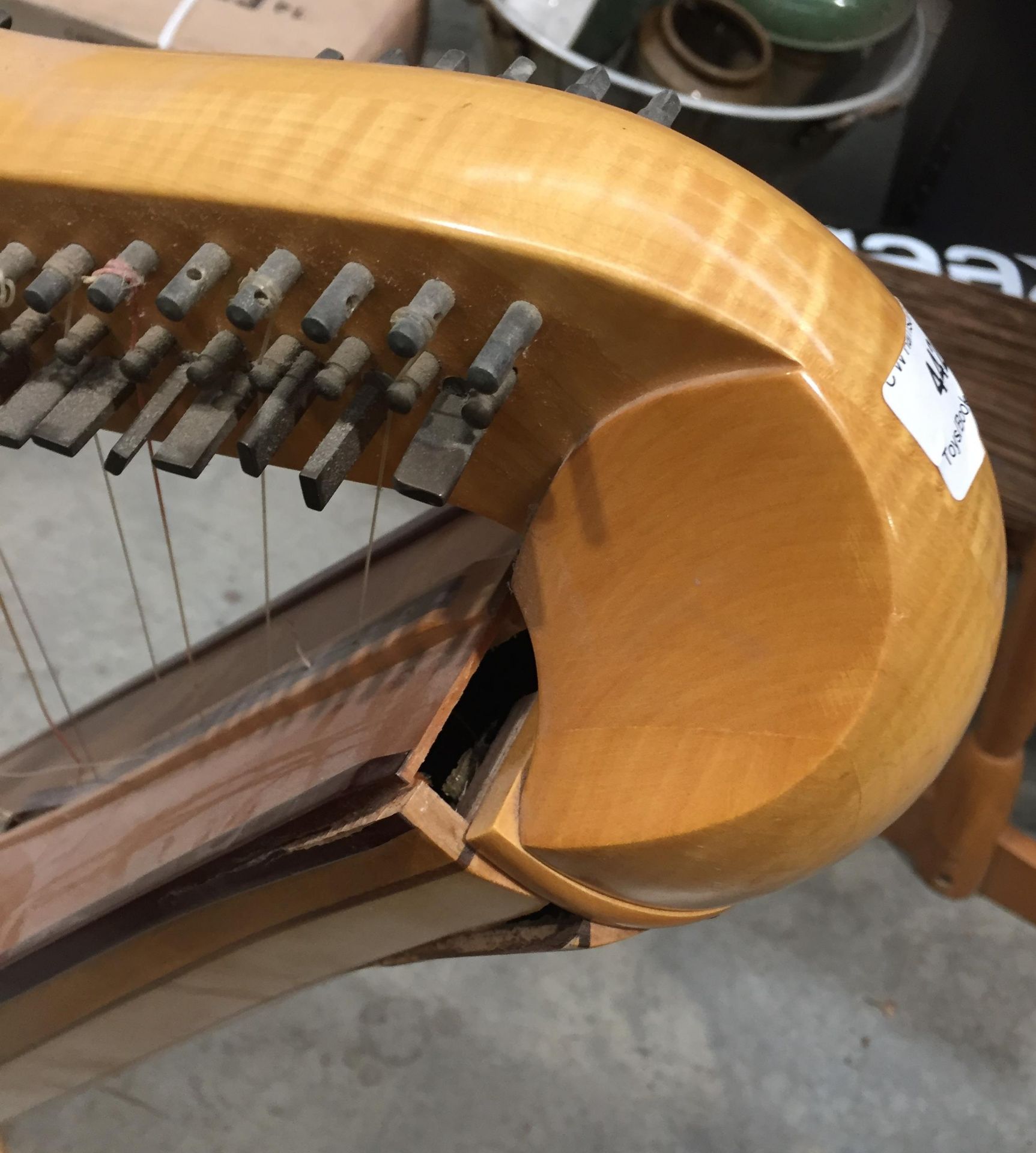 A polished wood framed harp approx 130cm high with damages - Image 3 of 4