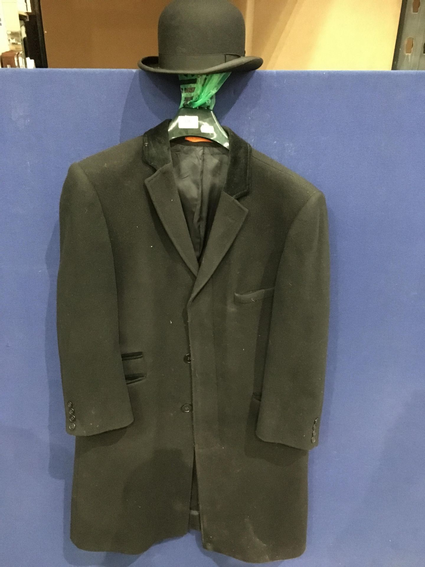 A Ben Sherman black undertakers coat - no size shown and a Moores London black bowler hat size 6