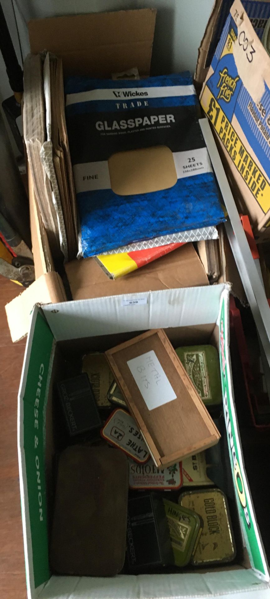 Contents to two boxes - sand paper, sanding discs, boxes of hinges, pressure gauges etc.