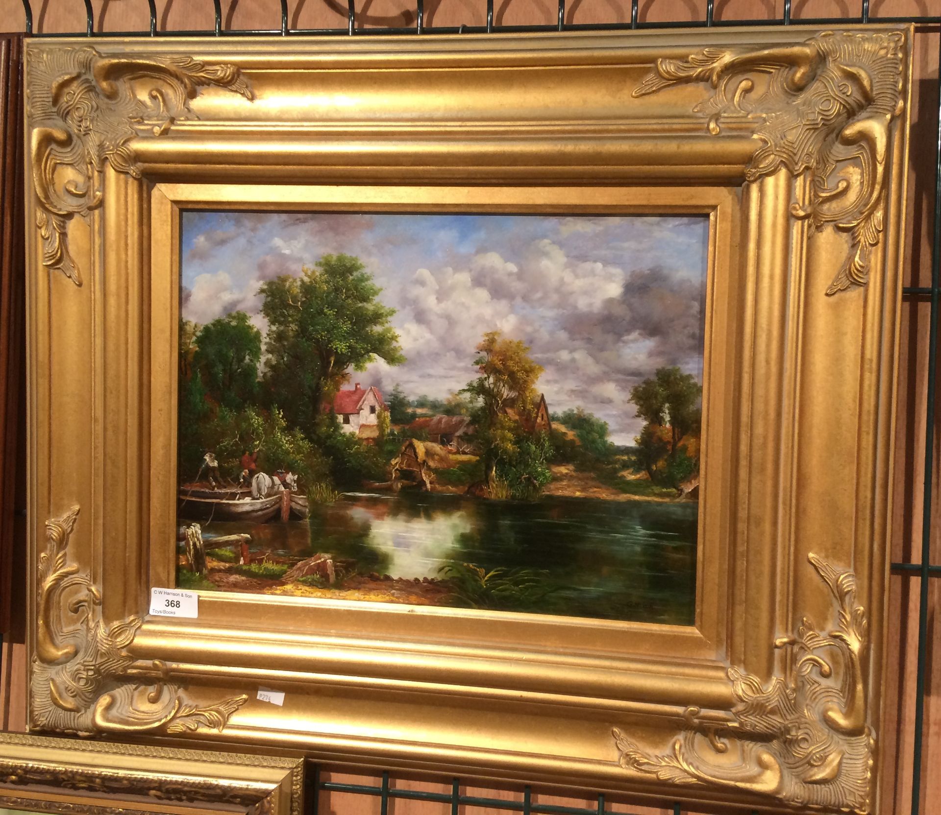 J Nixon ornate gilt framed oil painting in the style of Constable 'River Crossing' 30 x 46cm with