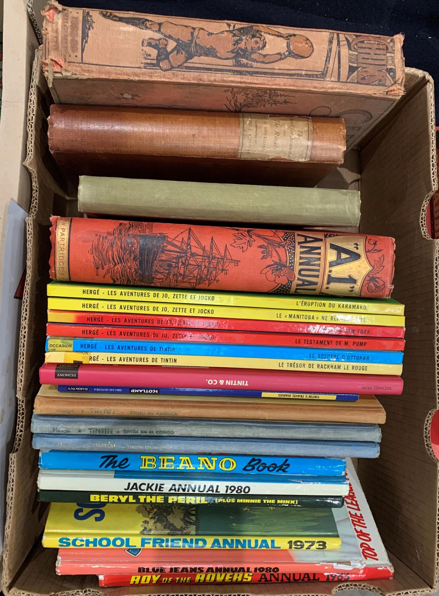 Contents to box 22 childrens books and annuals including a quantity of Herge Adventures of Tin Tin,