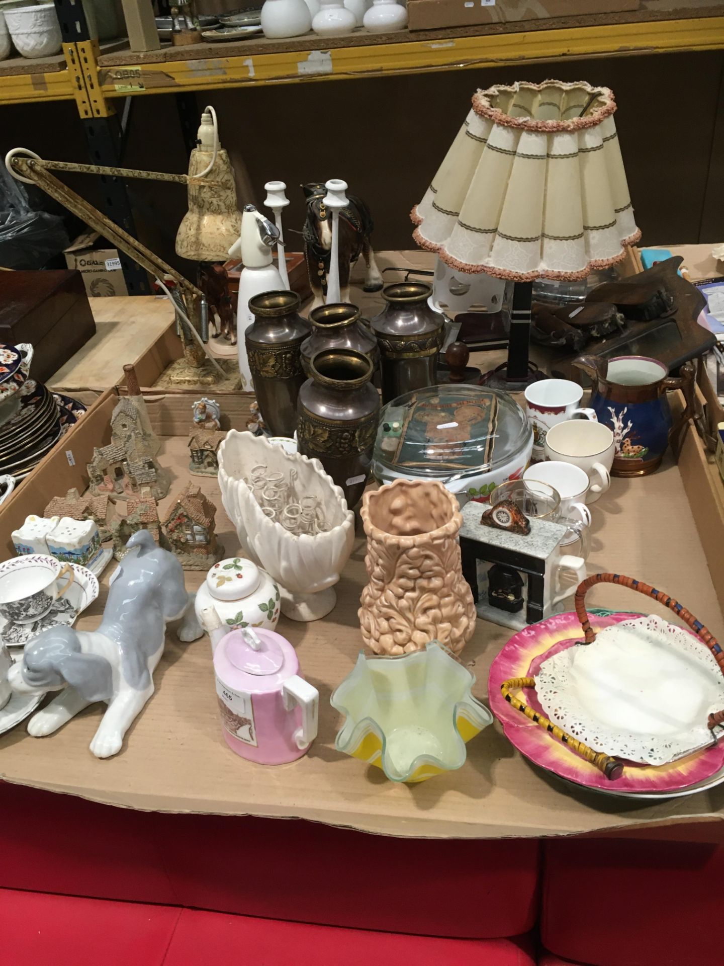 Contents to tray, four brass vases, Sylvac vase, John Hine Ltd miniature cottages, jugs, plates,