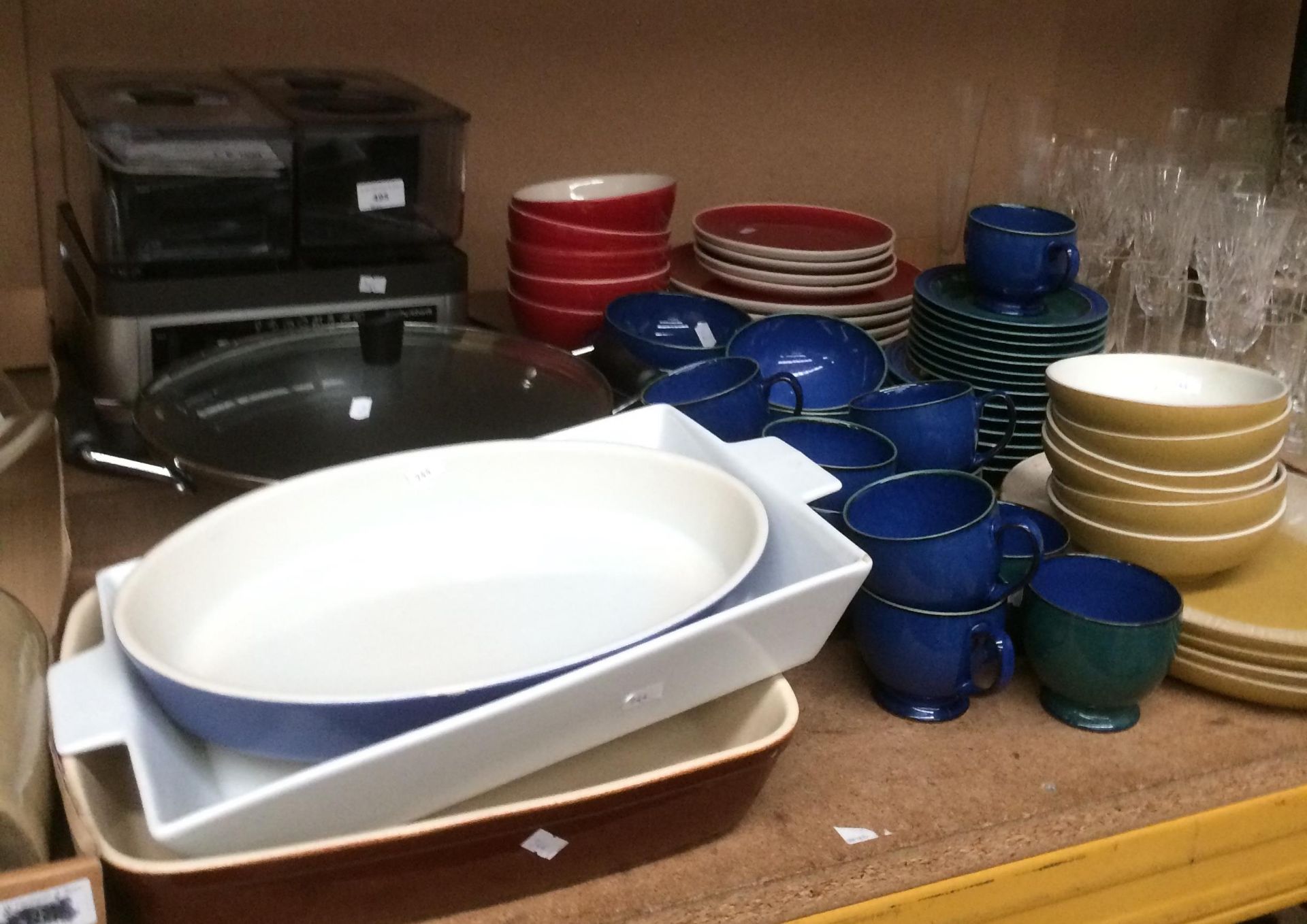 A Morphy Richards Intelli Steam food steamer, a wok, Denby blue glazed tableware,