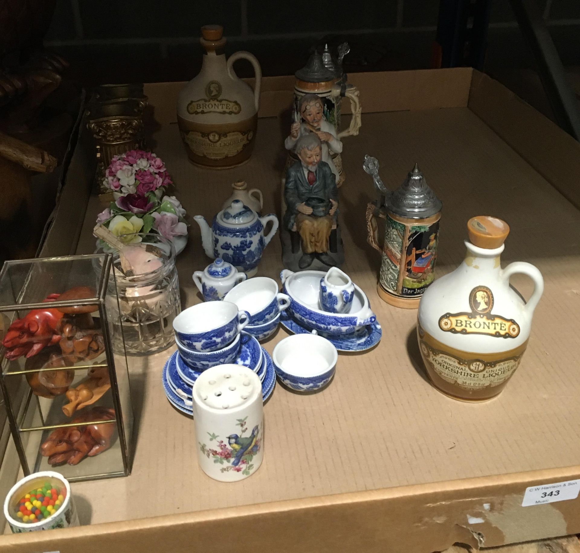 Contents to tray - miniature china tea services, gilt candle sticks, glassware,