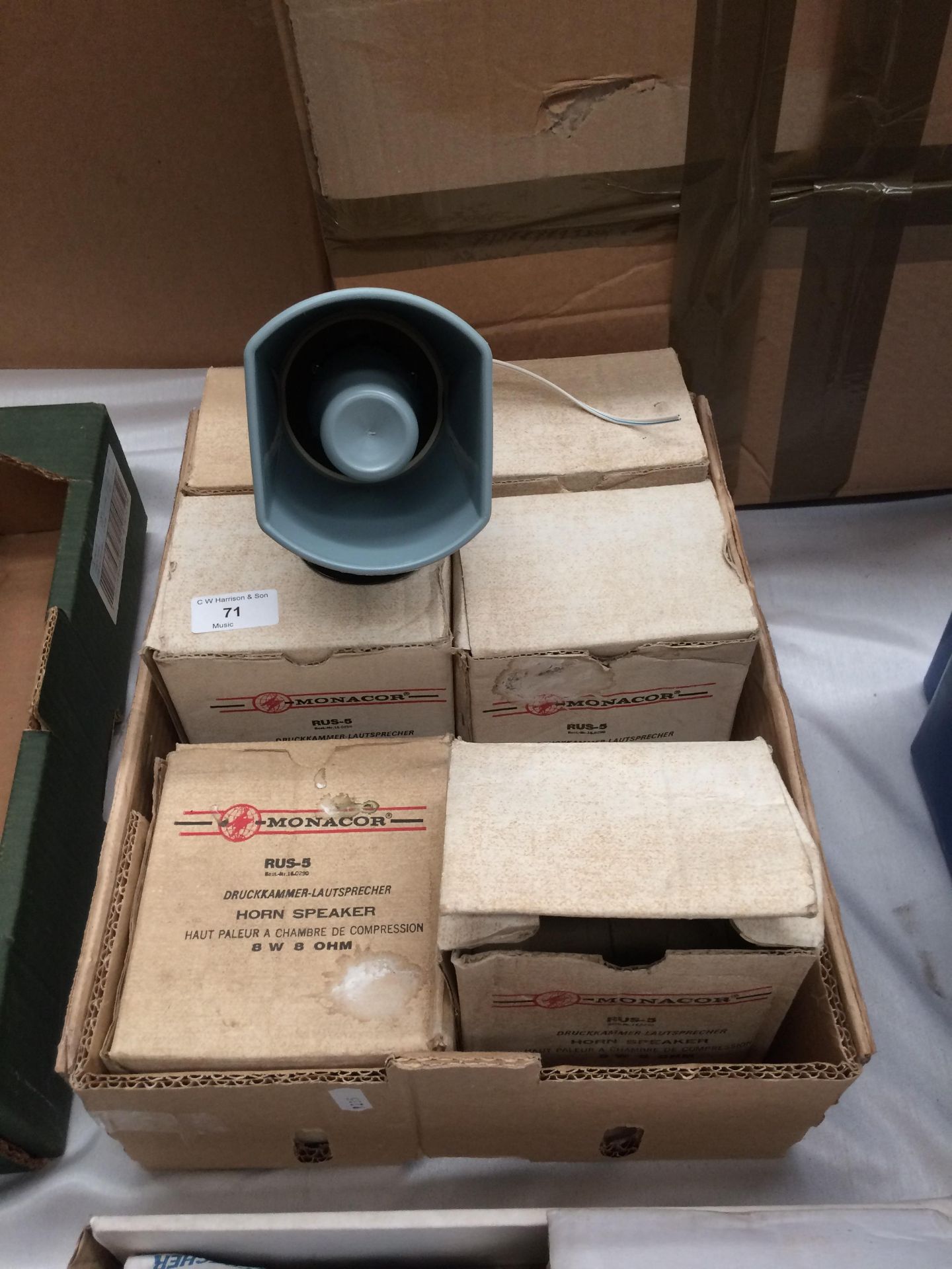 Six Monacor RU5-5 horn speakers