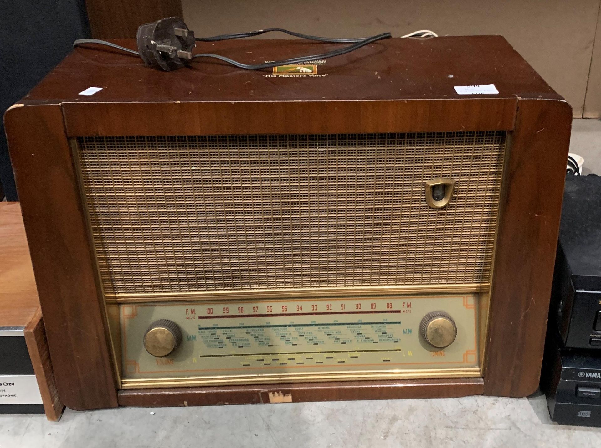 A His Masters Voice radio in walnut finish case (chips to walnut) *no test/flex cut off