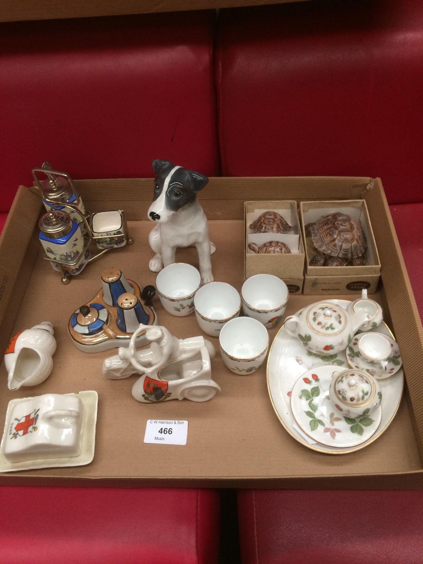Contents to tray, a Sylvac dog, Carltonware crested china Scarborough motorcyclist and side car,