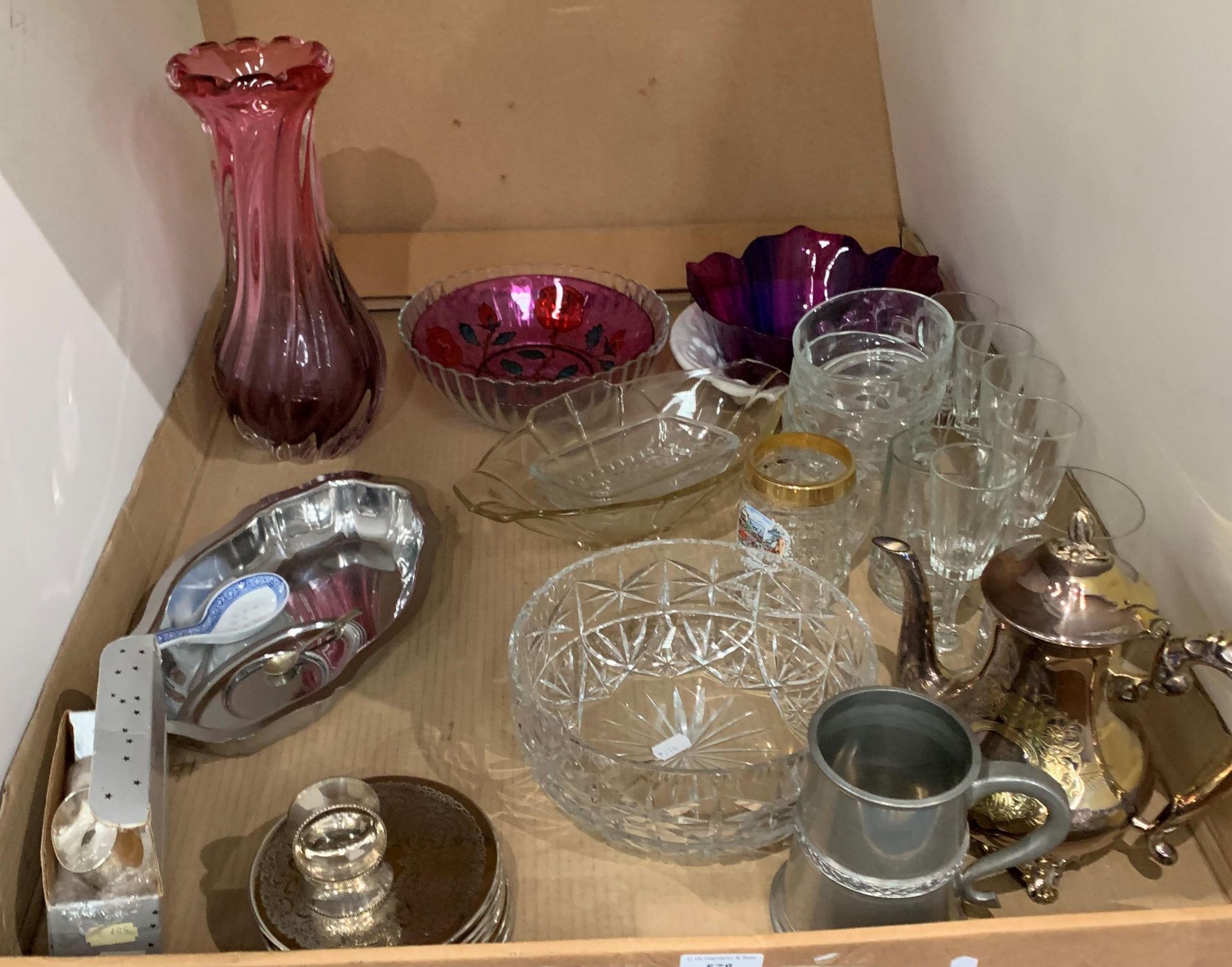 Contents to tray - glass bowls, vase, plated coffee pot etc.