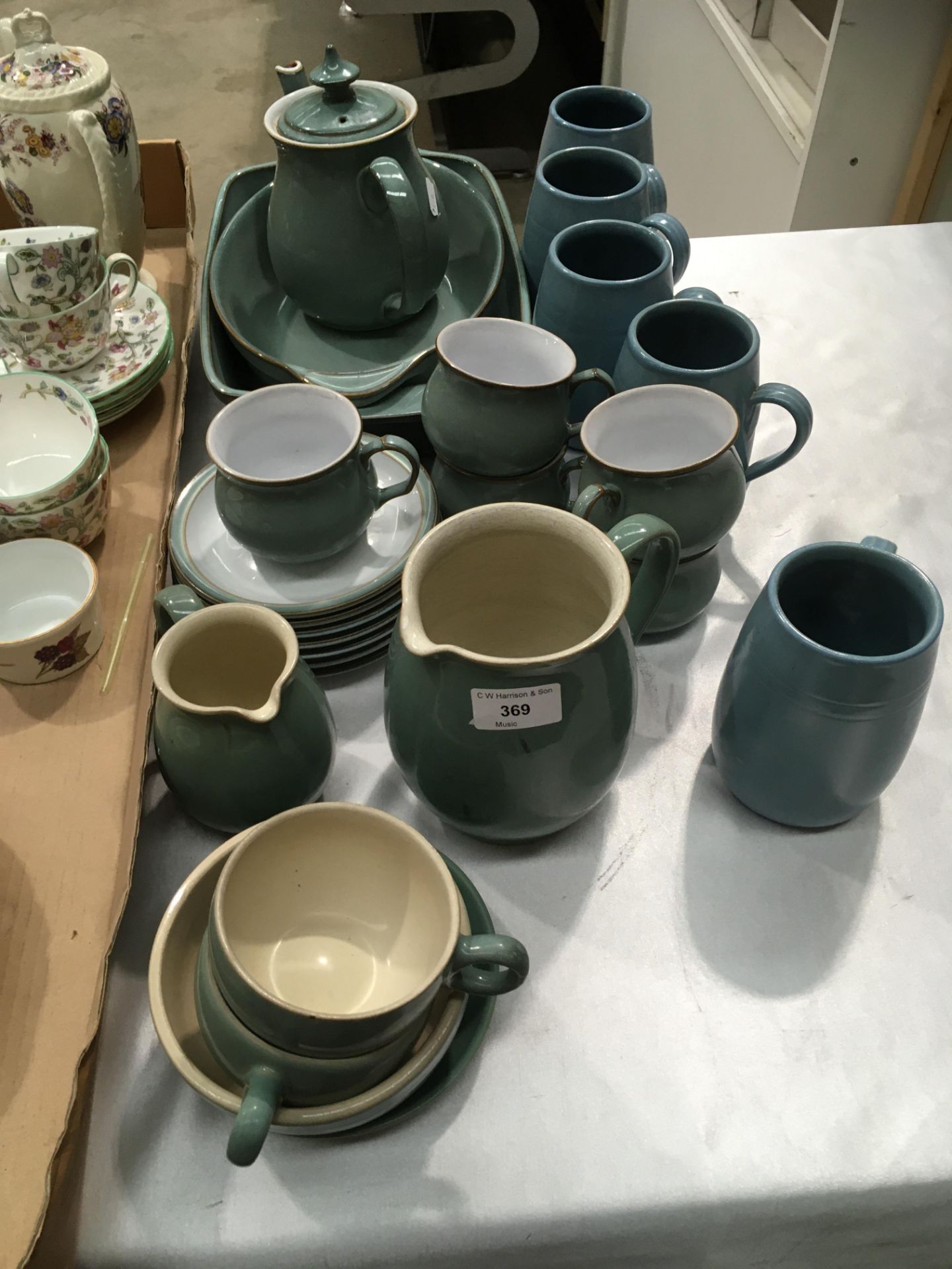 5 Buchan Portobello Scotland pottery mugs and 21 pieces of Denby green glazed table ware