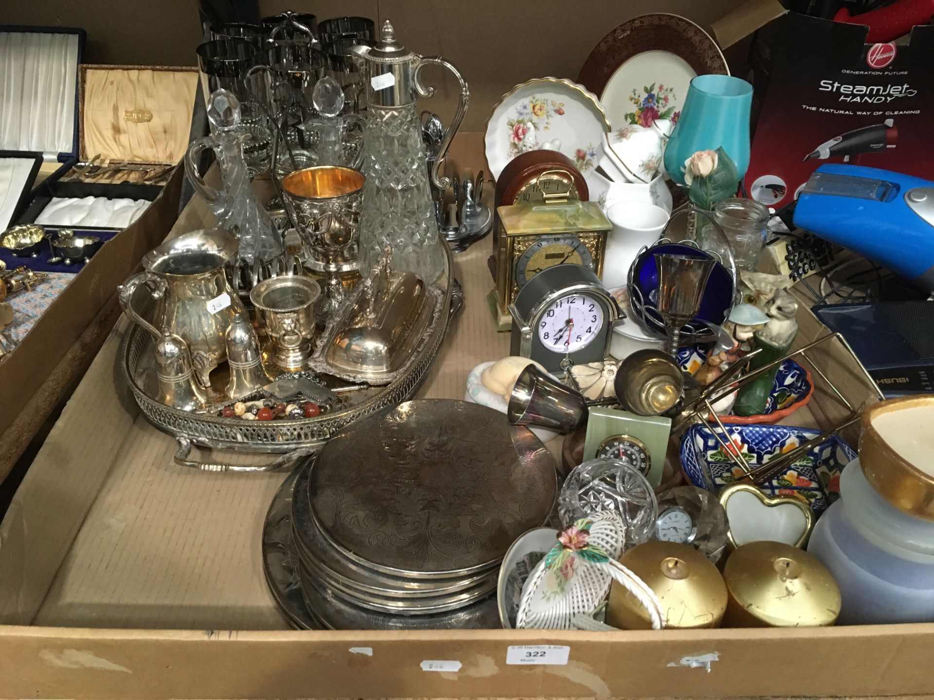 Contents to tray - metalware, brass mantel clock, onyx mantel clock, candles, glassware,