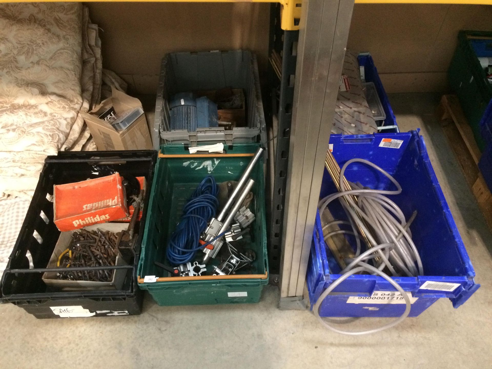 Contents to five boxes - large quantity of large drill bits, Festo fittings, motor,