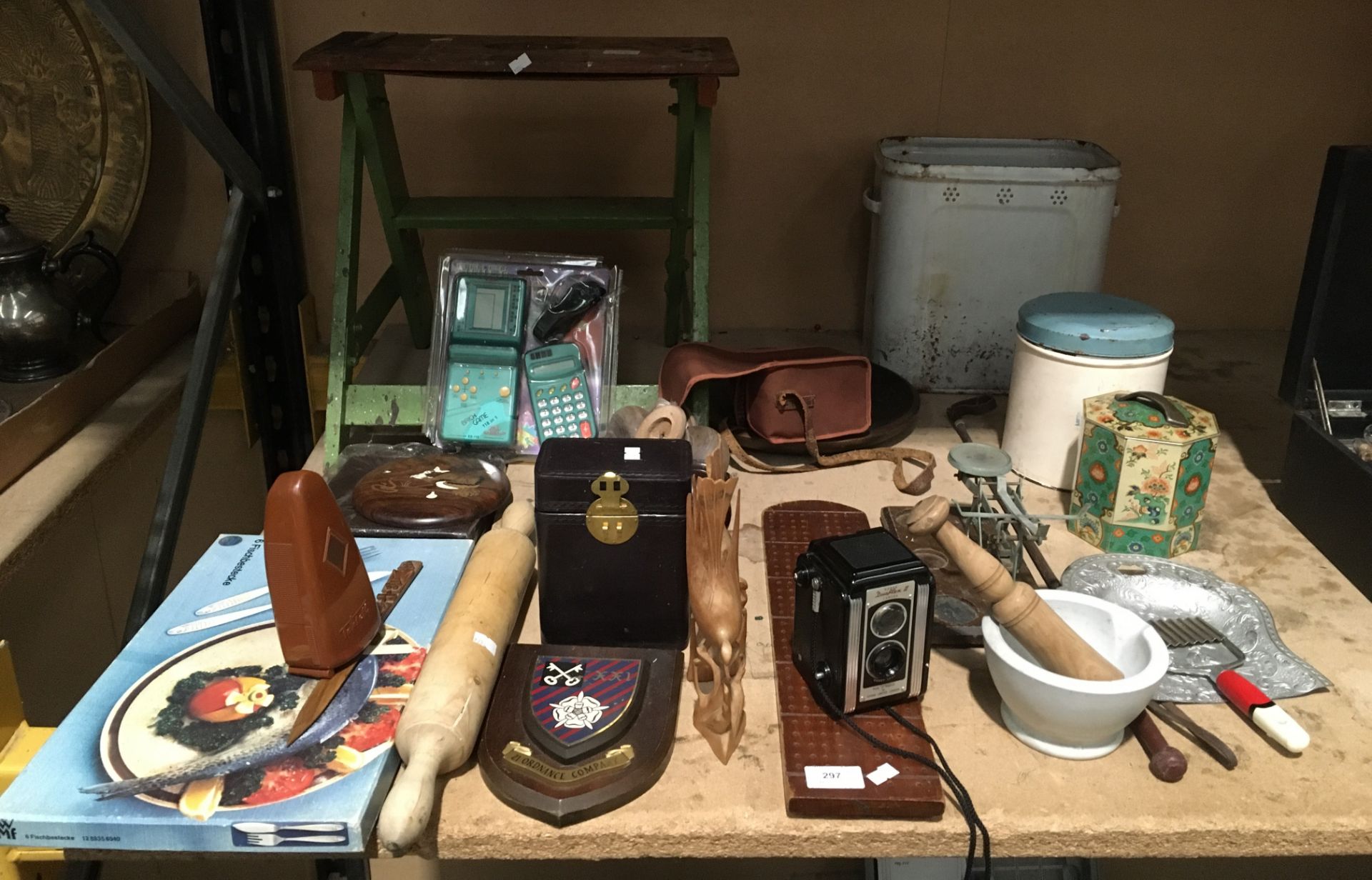 Small wooden folding stool, weighing scales, metal bread bin, Kodak Dualflex II camera,