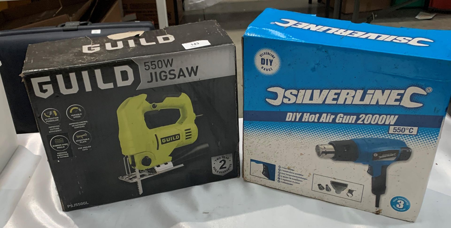 Two items - Guild 550w Jigsaw and a Silverline 2000w DIY hot air gun