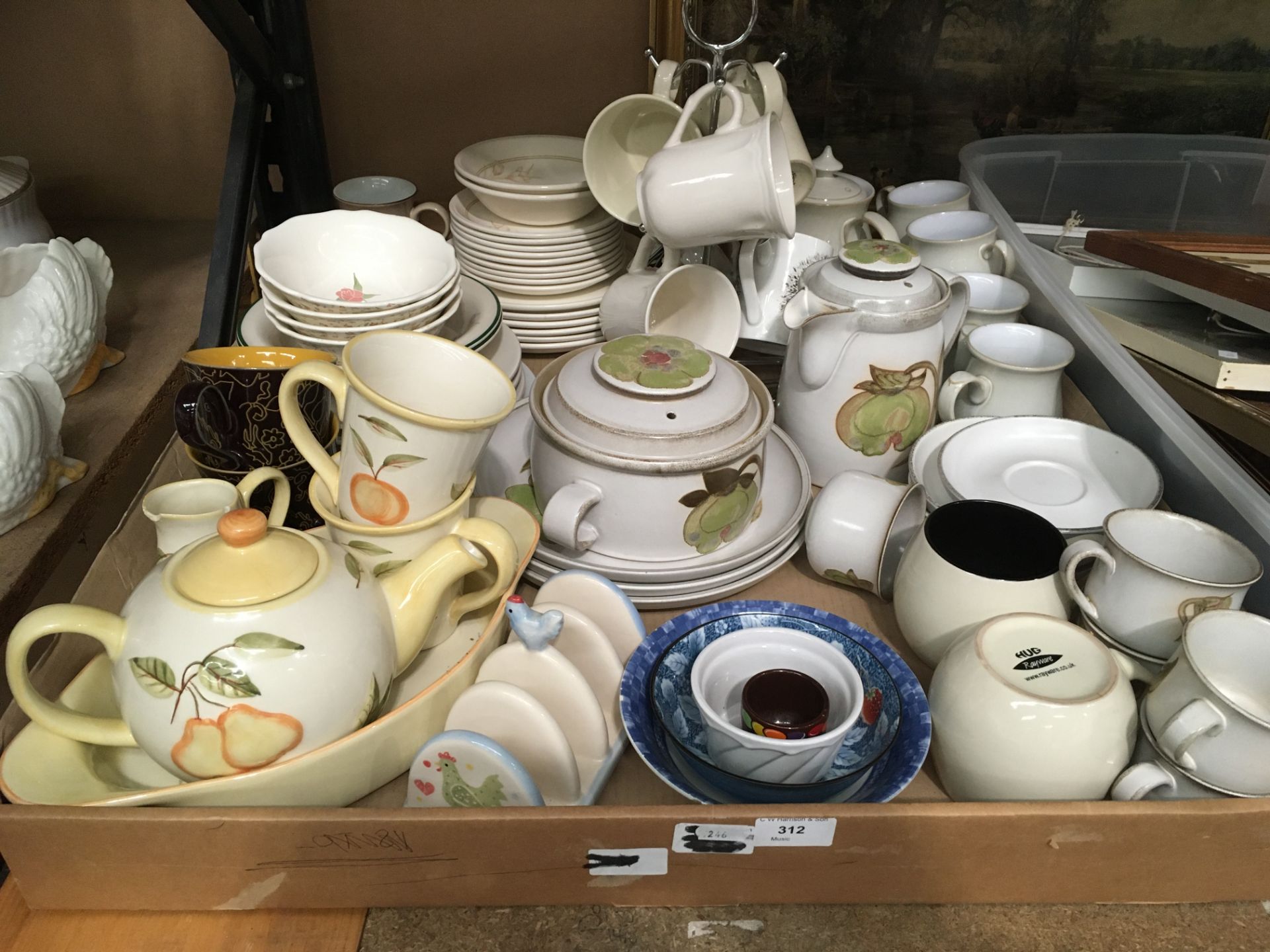 Contents to tray - part tea service by Denby, Hug Rayware mugs, Ikea dishes,