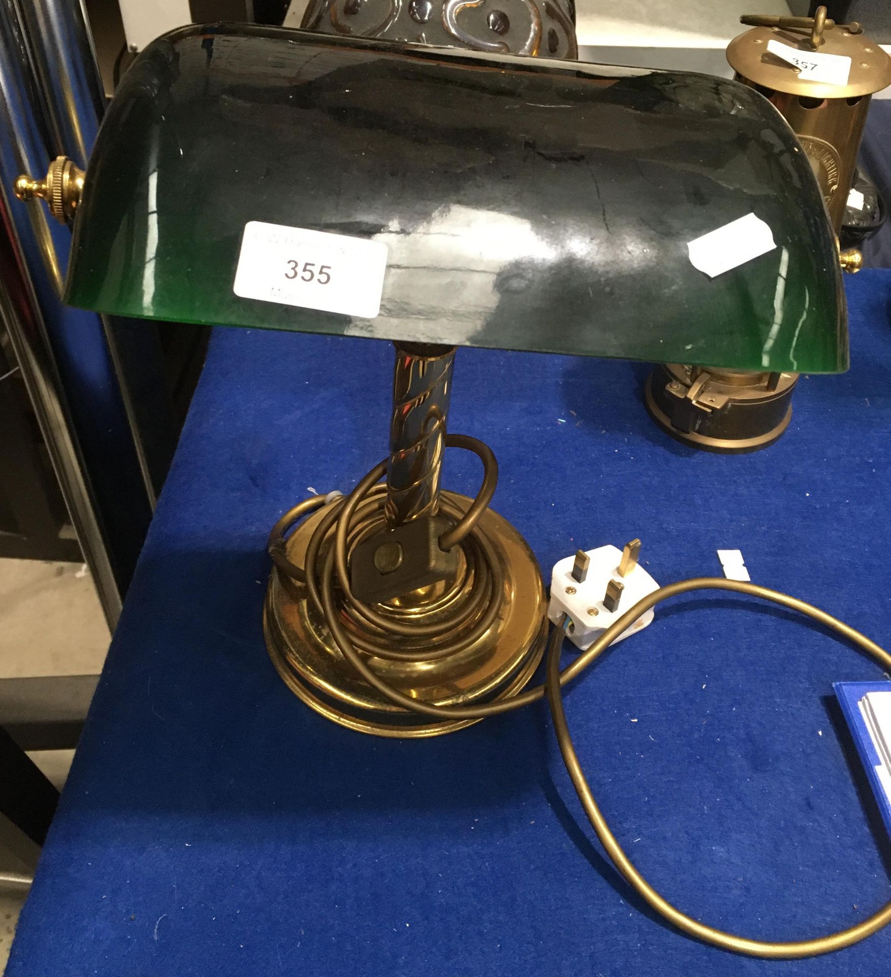 Brass bankers lamp with green glass shade