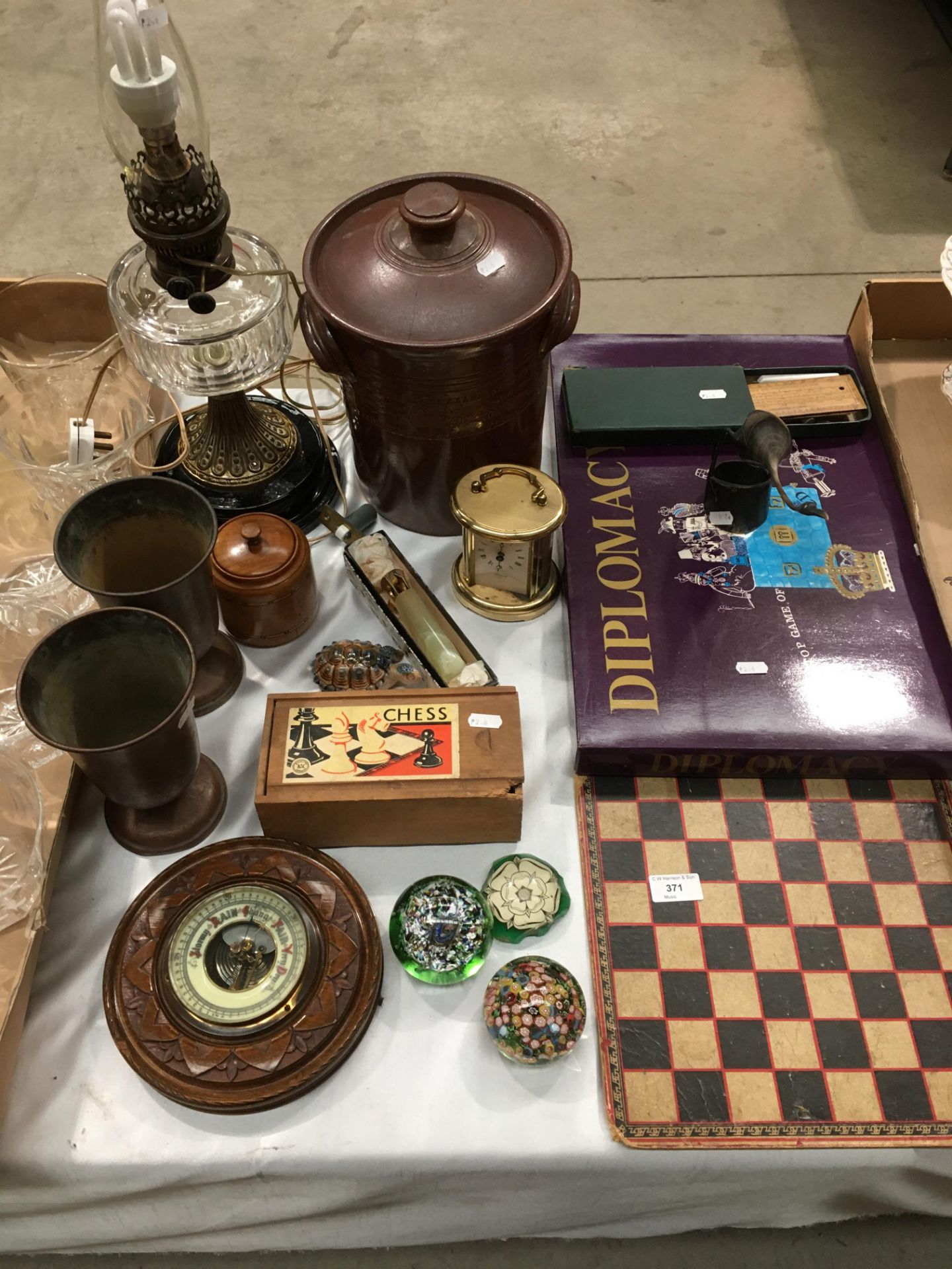 Contents to part table top small wall barometer, glass paperweights,