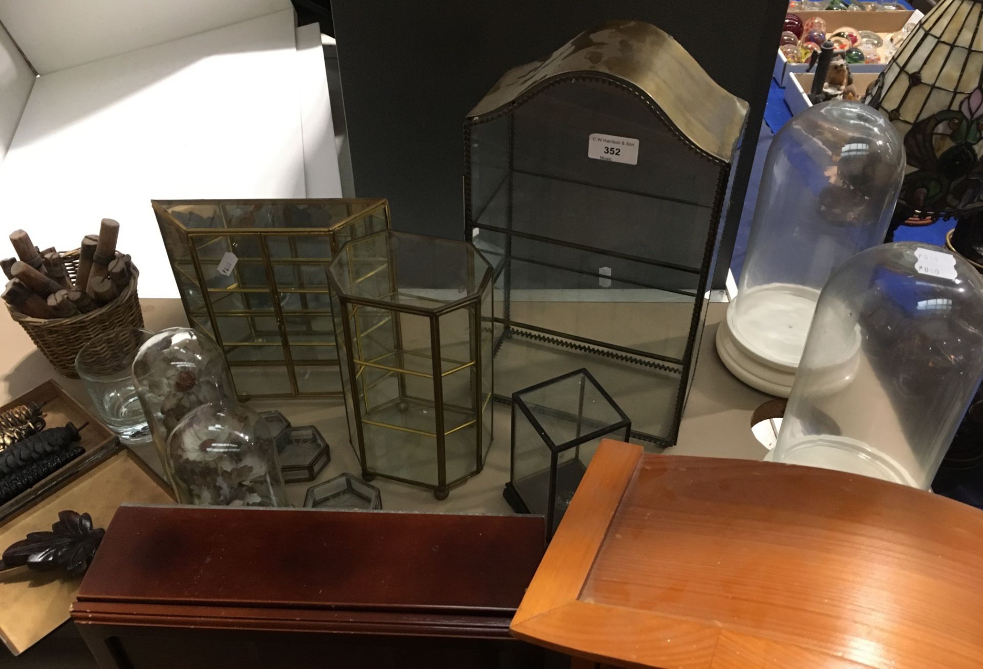 Remaining contents to top shelf small display units, glass domes, cuckoo clock, weights etc.