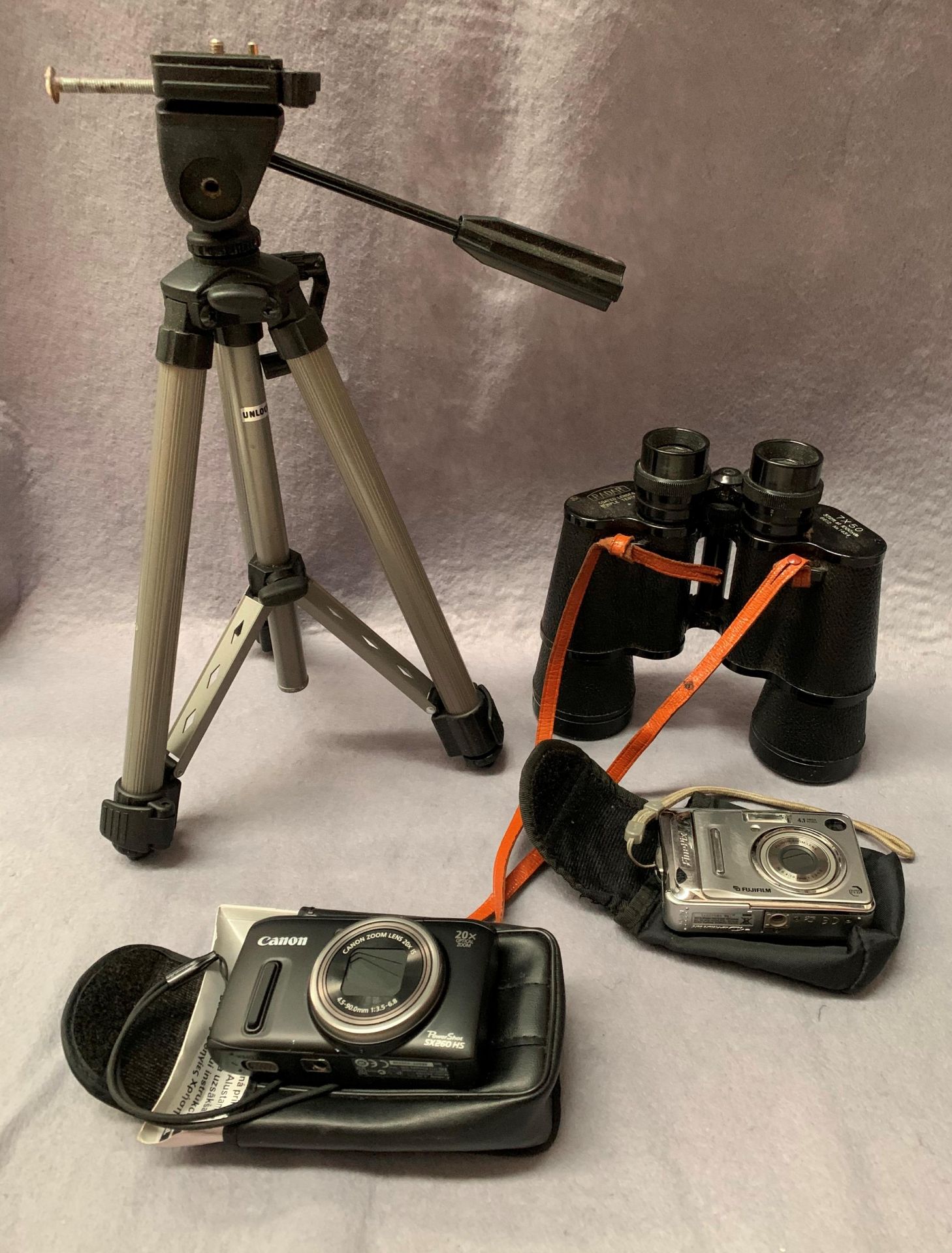 A Canon Powershot 5 x 260 HS camera in bag, a FujiFilm Finepix camera,