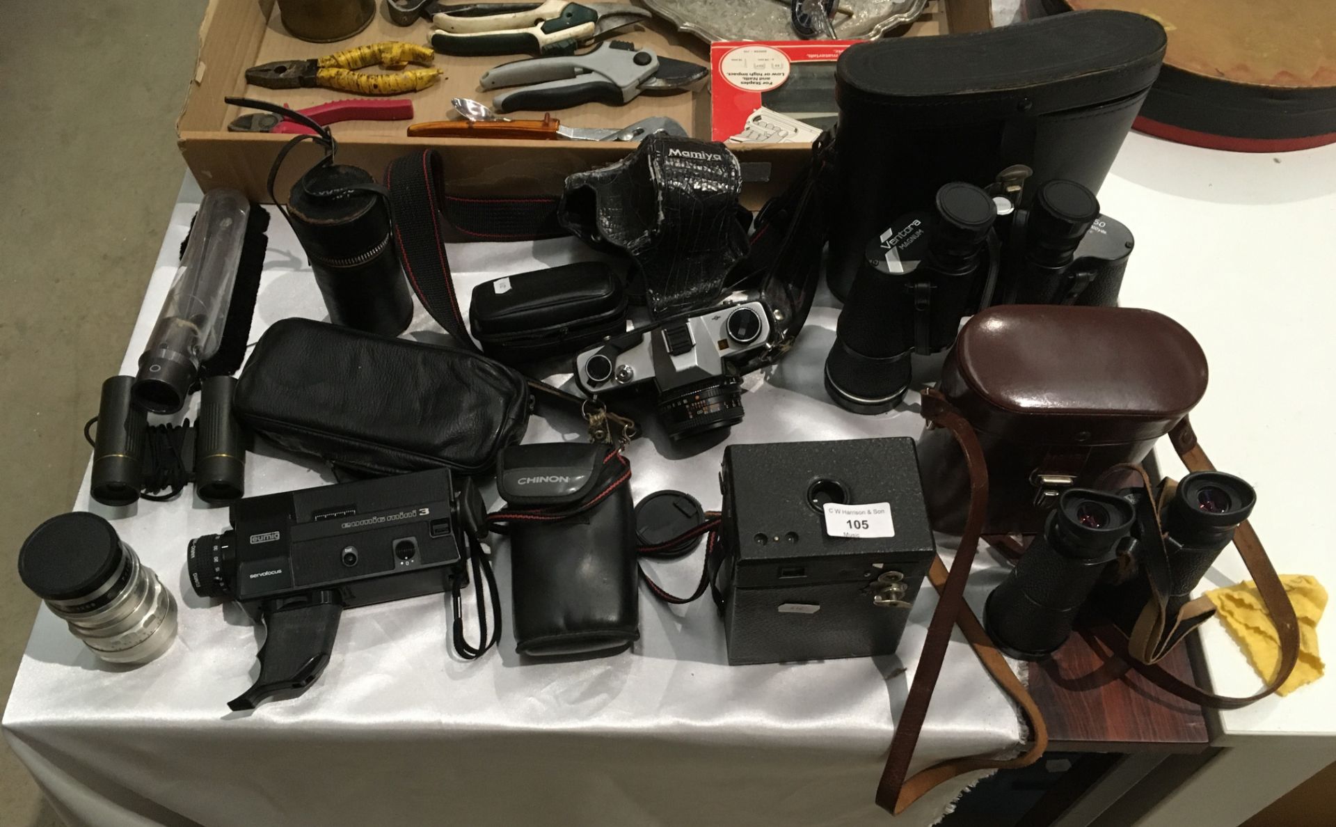 Pair of Ventora Magnum binoculars, pair of Carl Zeiss binoculars, Mamiya NC1000 camera,