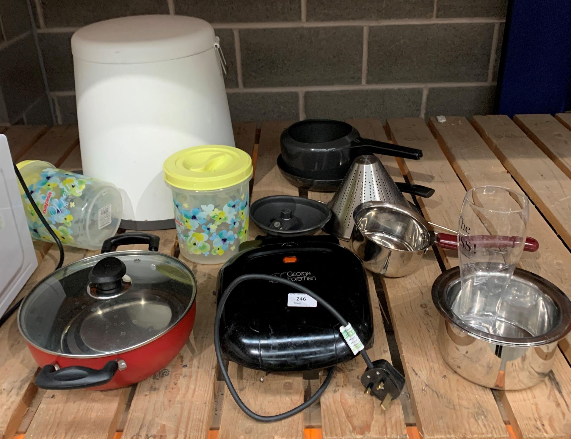 George Foreman grill machine, storage containers, frying pan, cooking pots, waste bin,