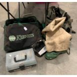 Green fishing waders size 10 by Daiwa, Keenets keepnet, fishing tackle box with contents, holdall,